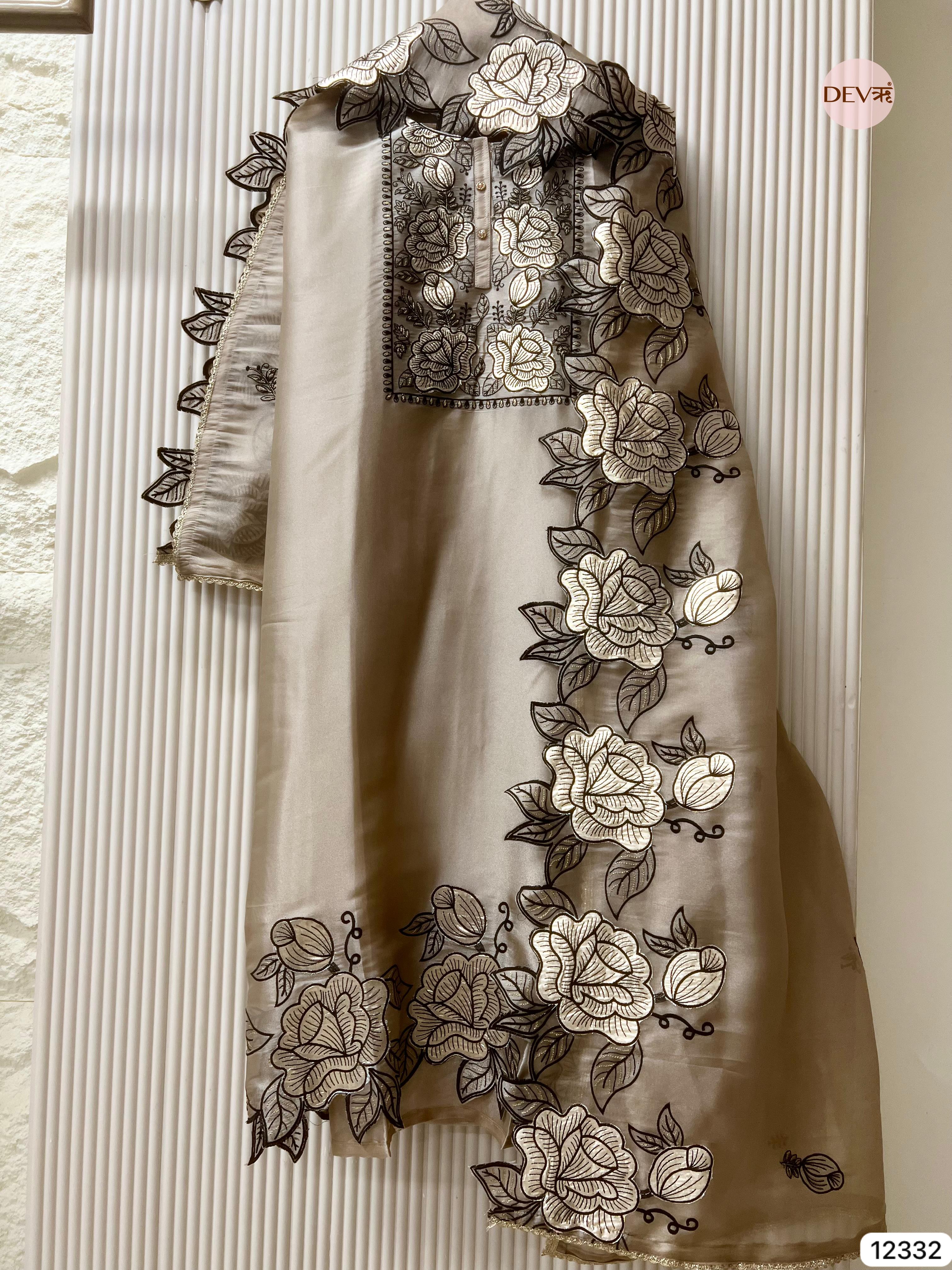 Beige Tissue Shimmer Embroidered Unstitched 3-Piece Suit (Devri – D.No 12332)
