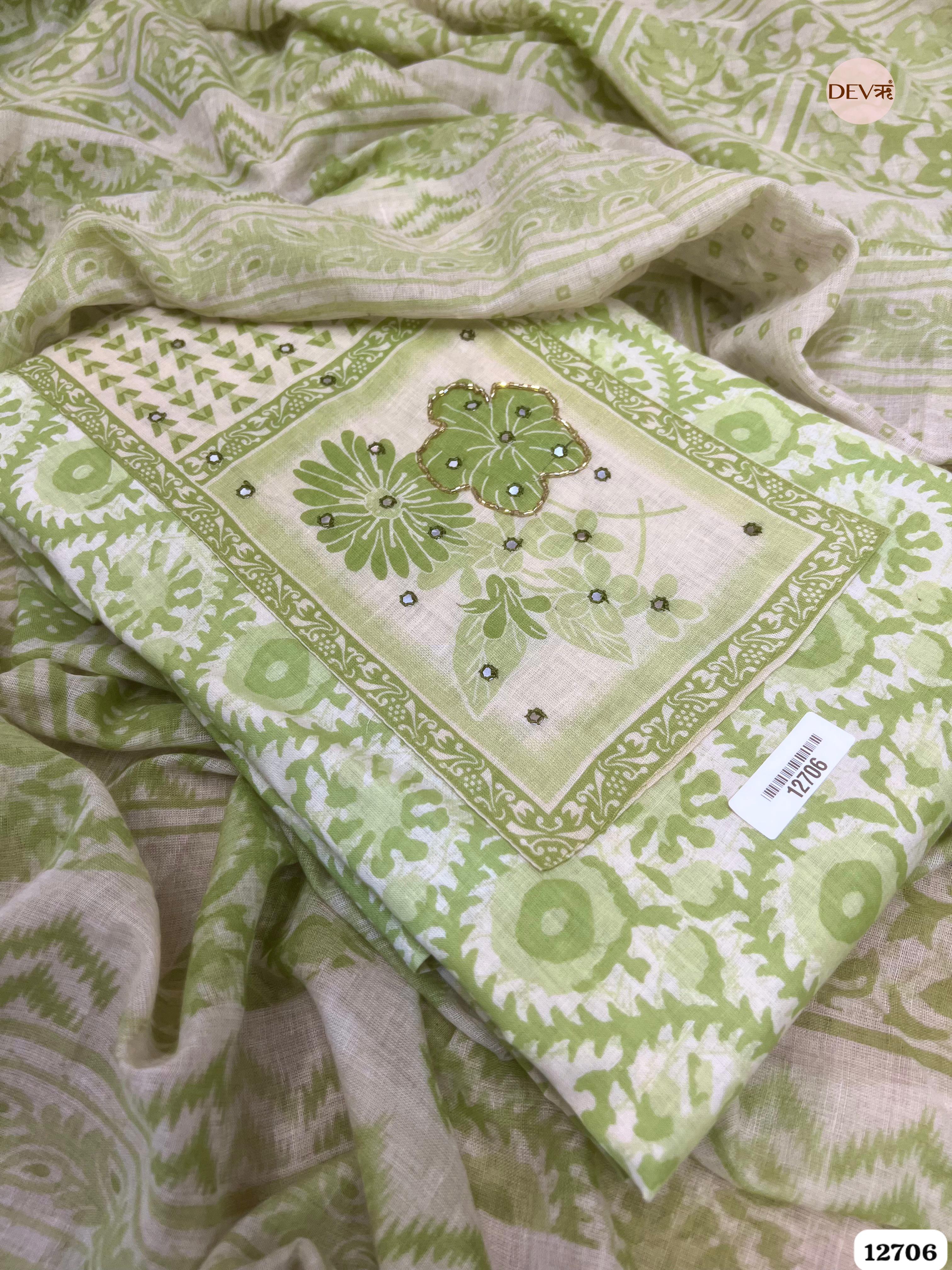 Pista Green Cotton Printed Unstitched 3-Piece Suit (Devri – D.No 12706)