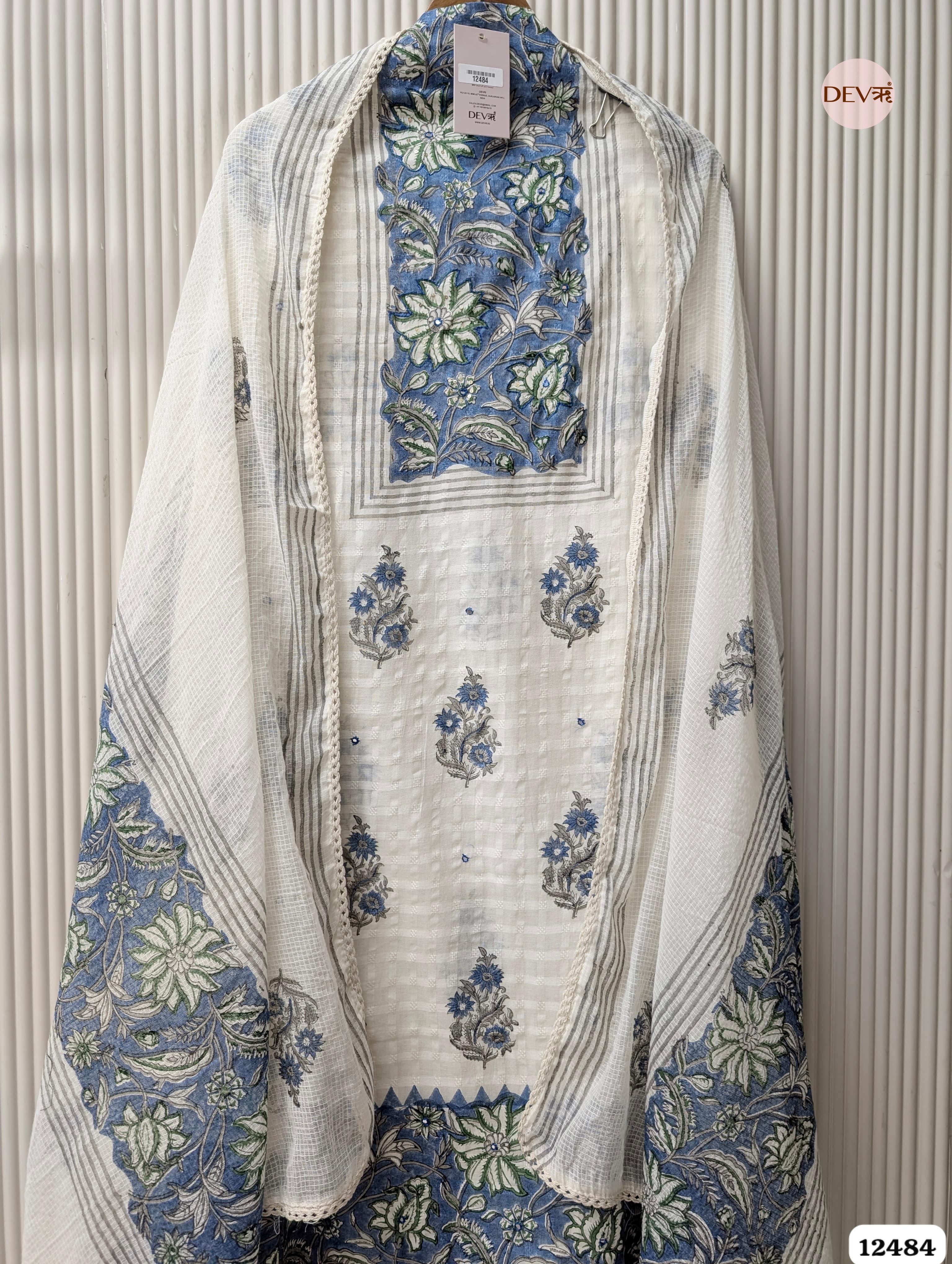 White & Blue Pure Cotton Printed Unstitched 3-Piece Suit (Devri – D.No 12484)