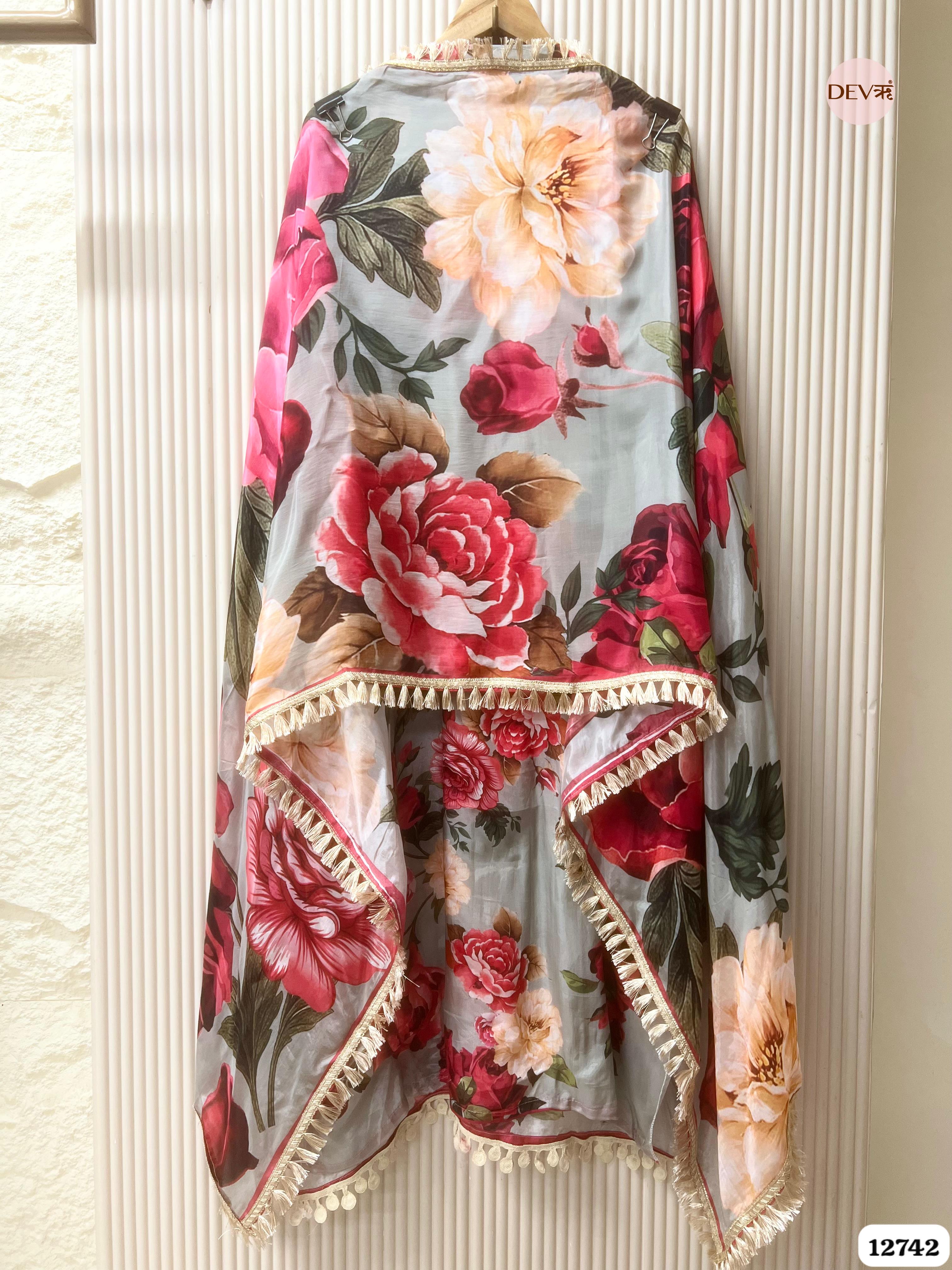 Grey Glass Organza Floral Printed Unstitched 3-Piece Suit (Devri – D.No 12742)