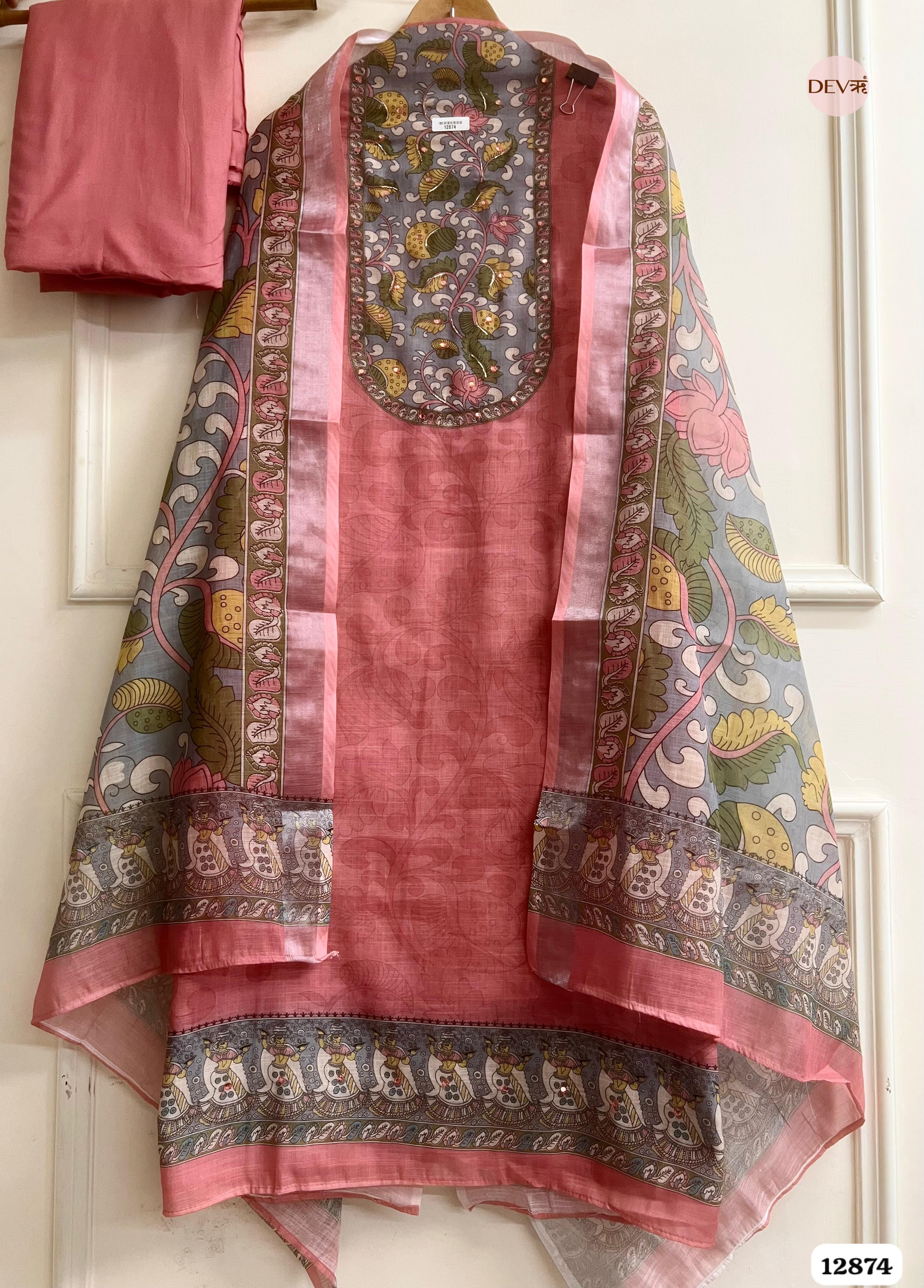Pink Linen Cotton Printed Unstitched 3-Piece Suit (Devri – D.No 12874)