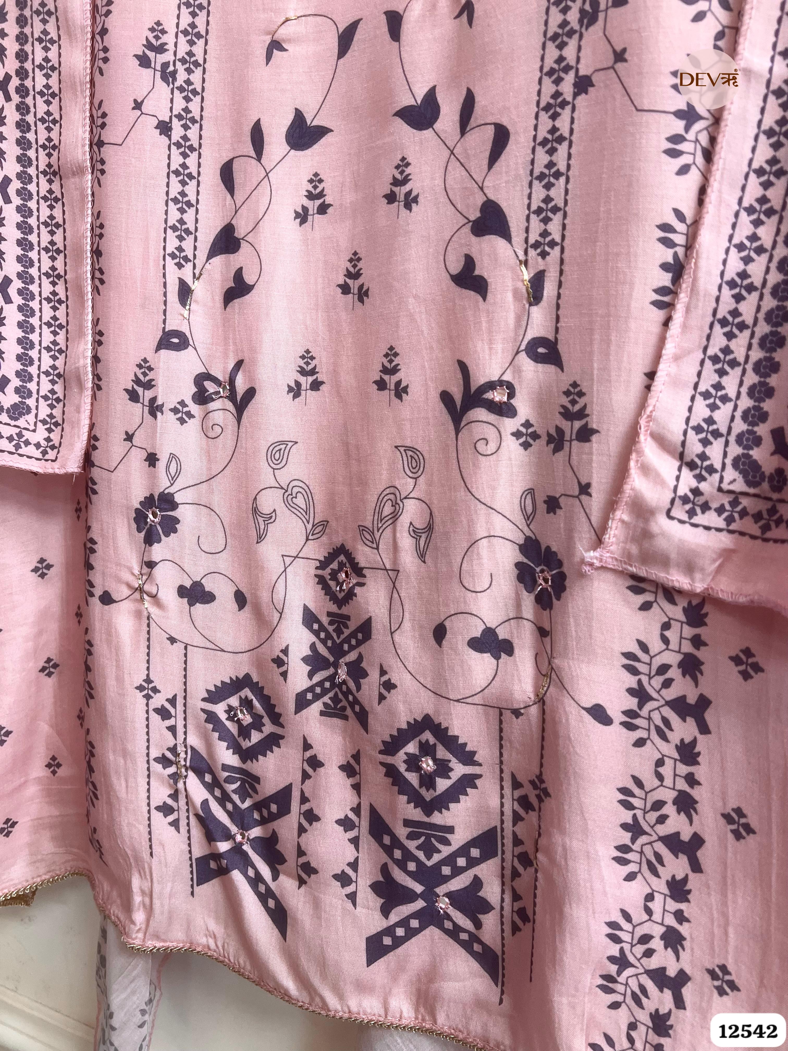 Pink Muslin Printed Unstitched 3-Piece Suit (Devri – D.No 12542)