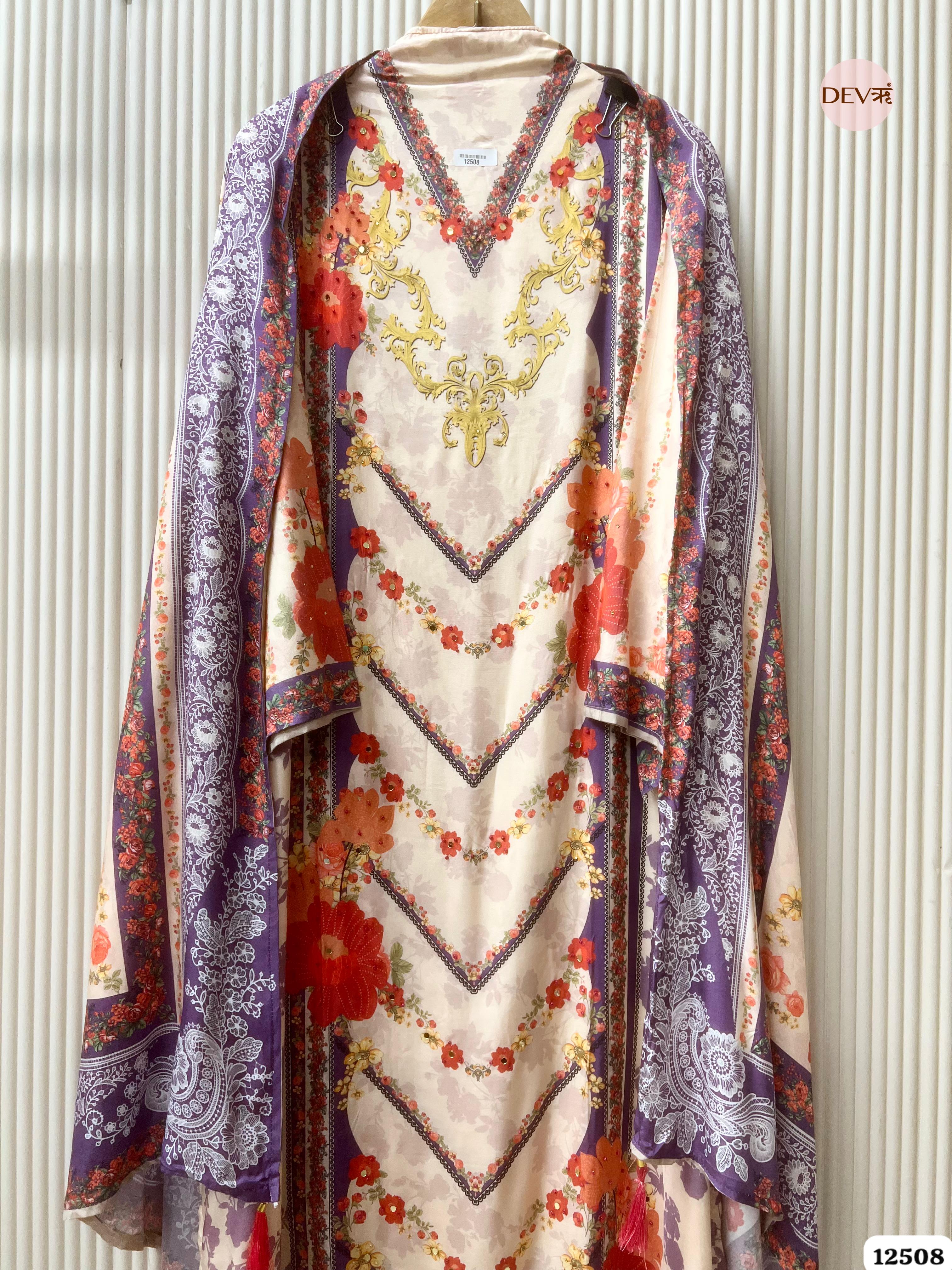 Purple & Cream Muslin Printed Unstitched 3-Piece Suit (Devri – D.No 12508)