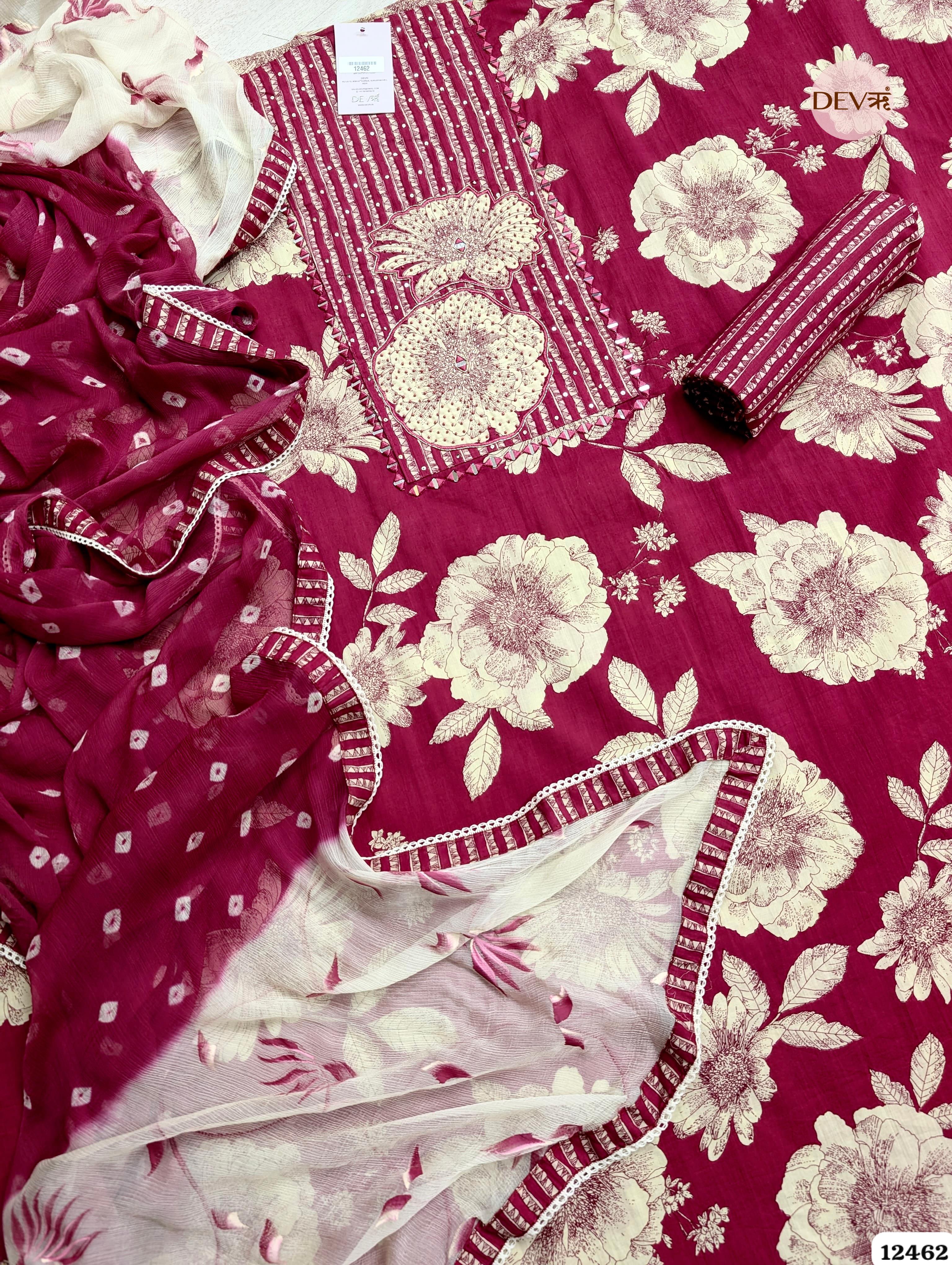 Deep Pink Cotton Printed Unstitched 3-Piece Suit (Devri – D.No. 12462)