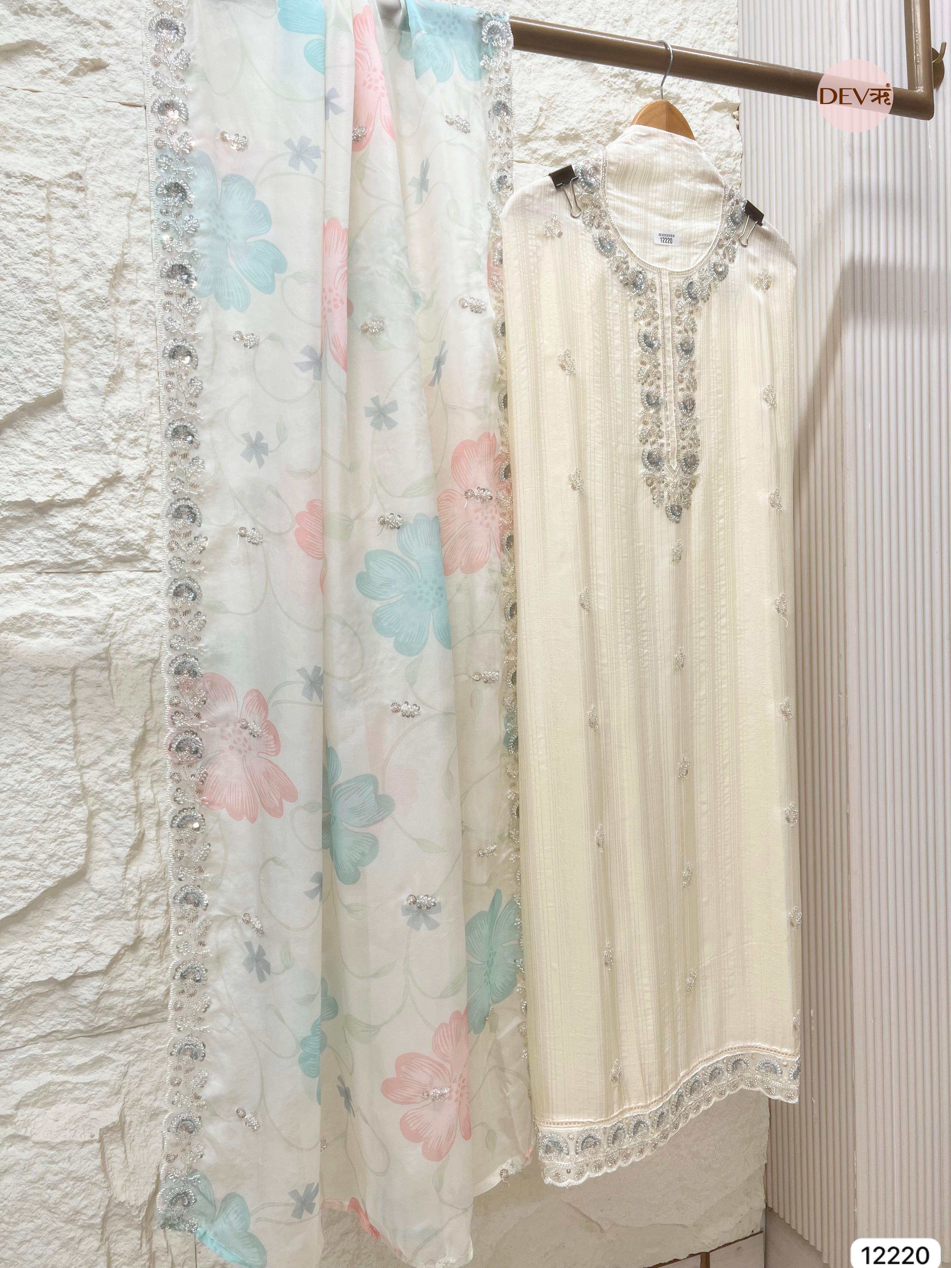 Ivory Pure Organza Hand-Embroidered Unstitched 3-Piece Suit (Devri – D.No 12220)