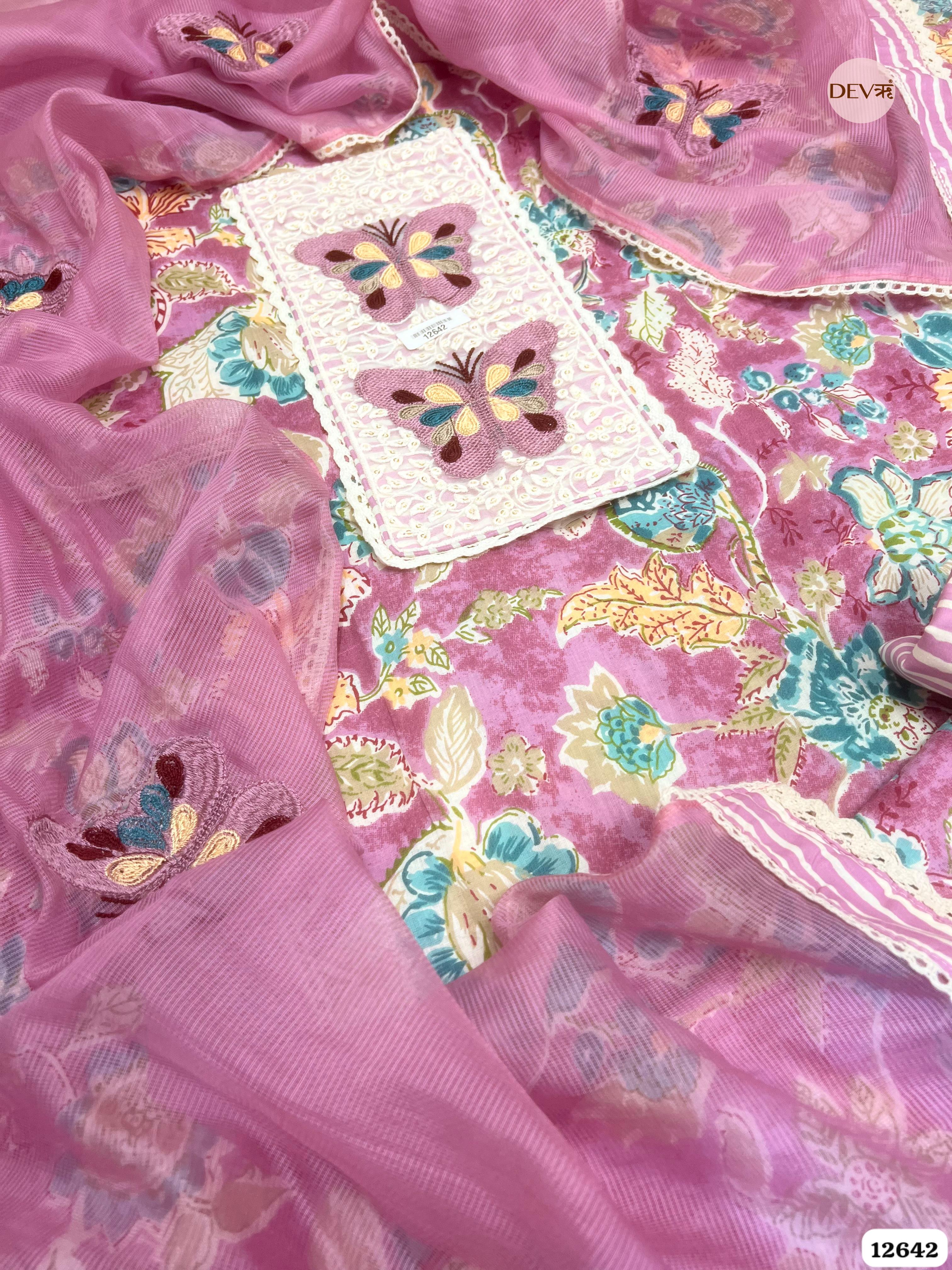 Pink Floral Cotton Unstitched 3-Piece Suit with Net Dupatta (Devri – D.No 12642)
