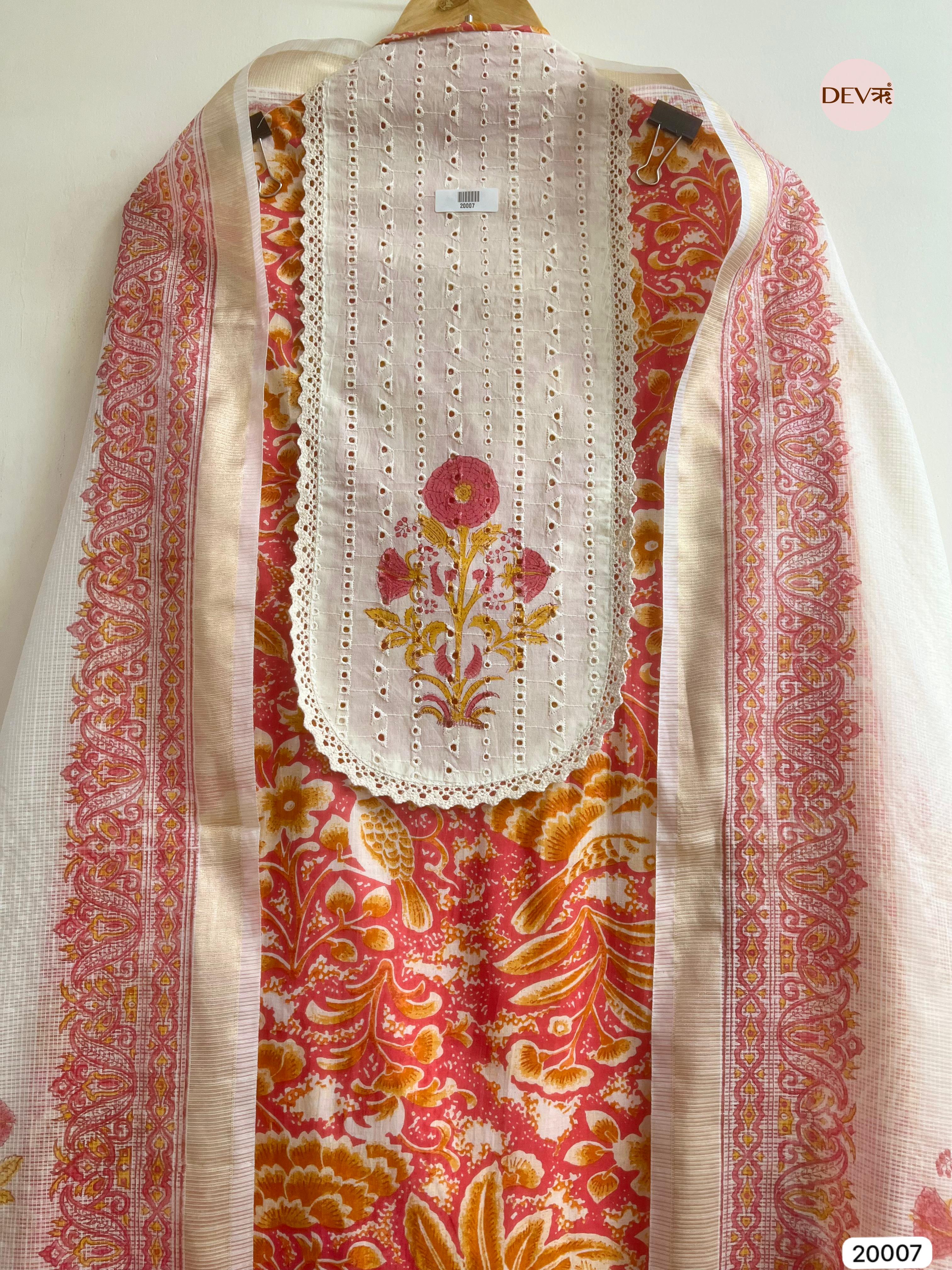 Pink and Mustard Pure Cotton Printed Unstitched 3-Piece Suit (Devri – D.No 20007)
