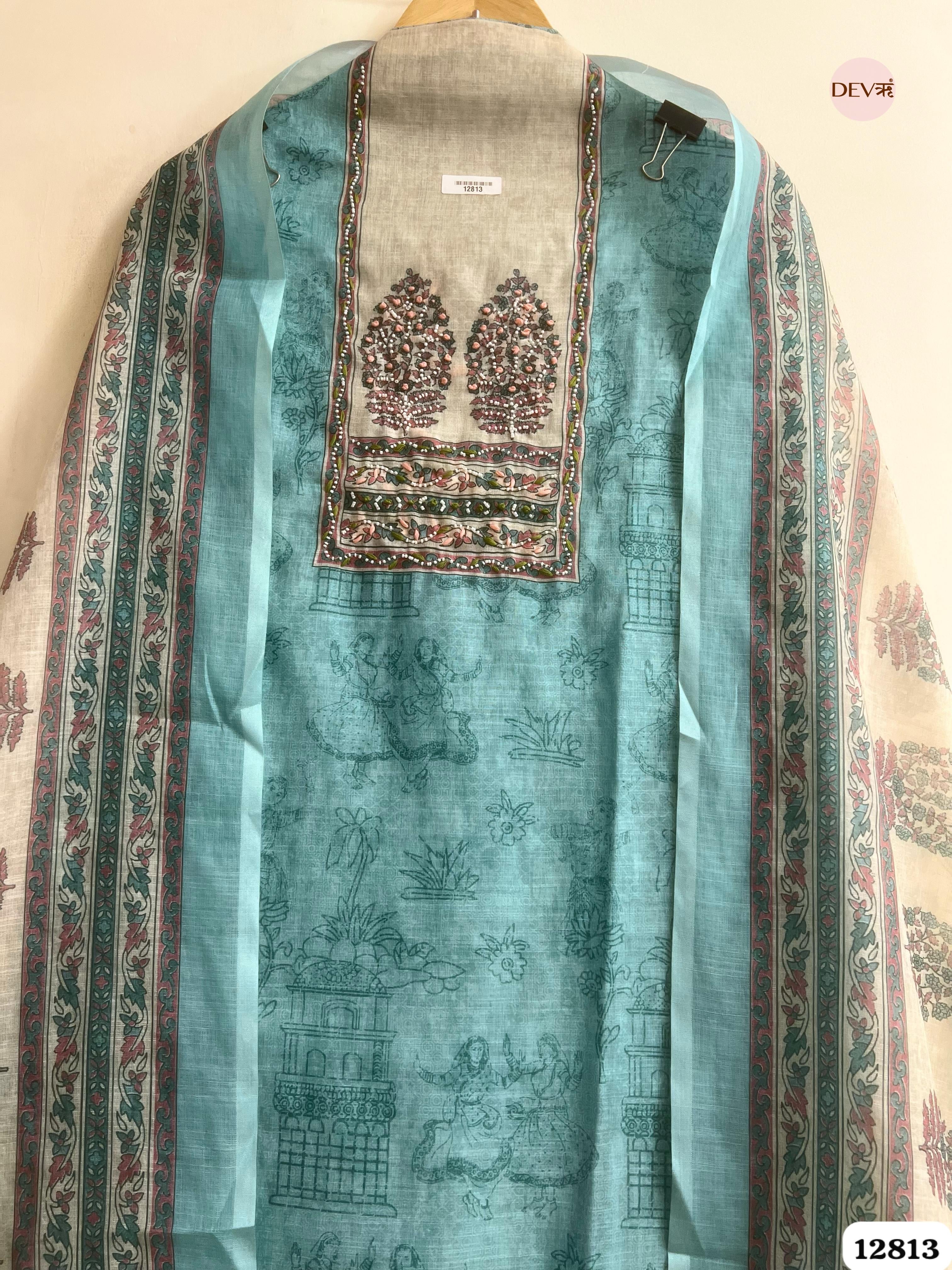 Aqua Linen Cotton Printed Unstitched 3-Piece Suit (Devri – D.No 12813)