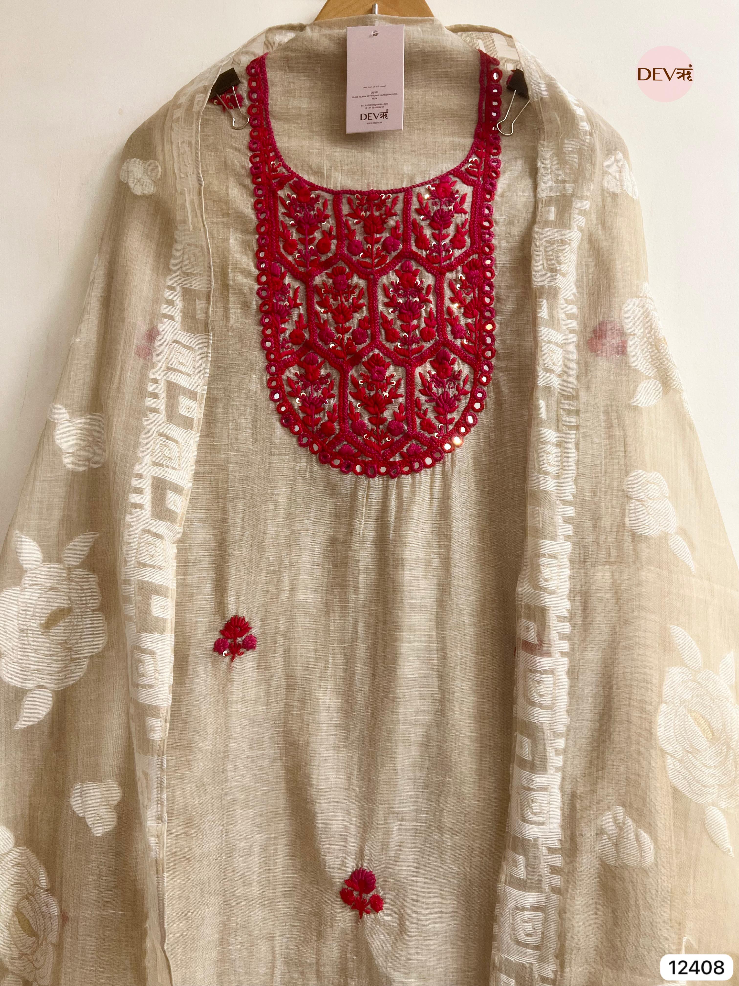 Beige Mul Chanderi Embroidered Unstitched 3-Piece Suit (Devri – D.No 12408)