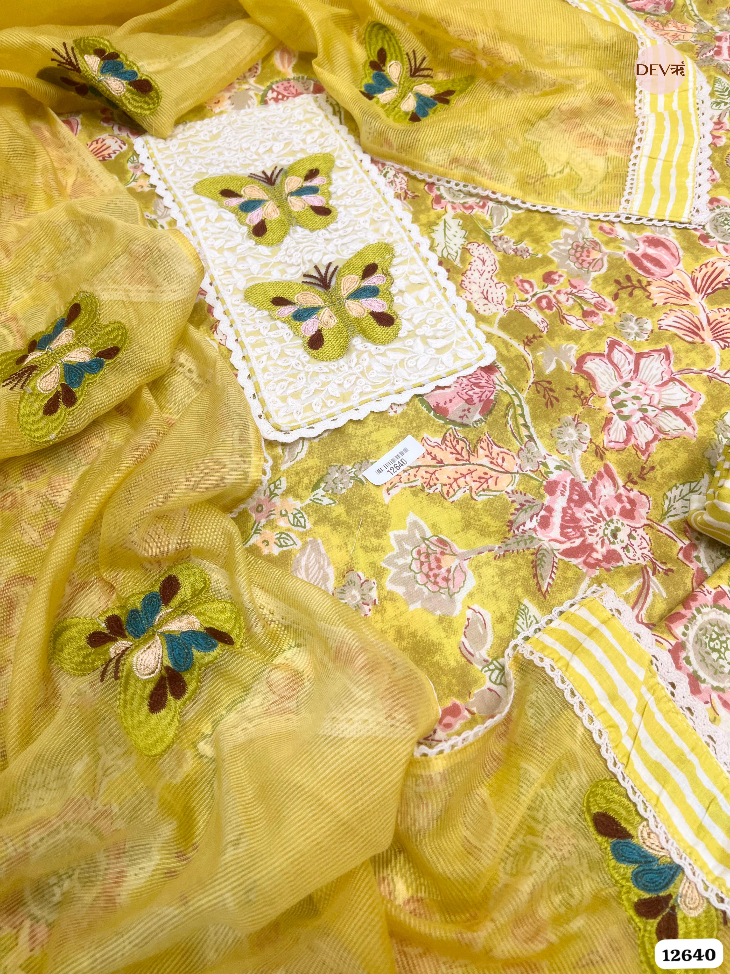 Yellow Cotton Floral Embroidered Unstitched 3-Piece Suit (Devri – D.No 12640)