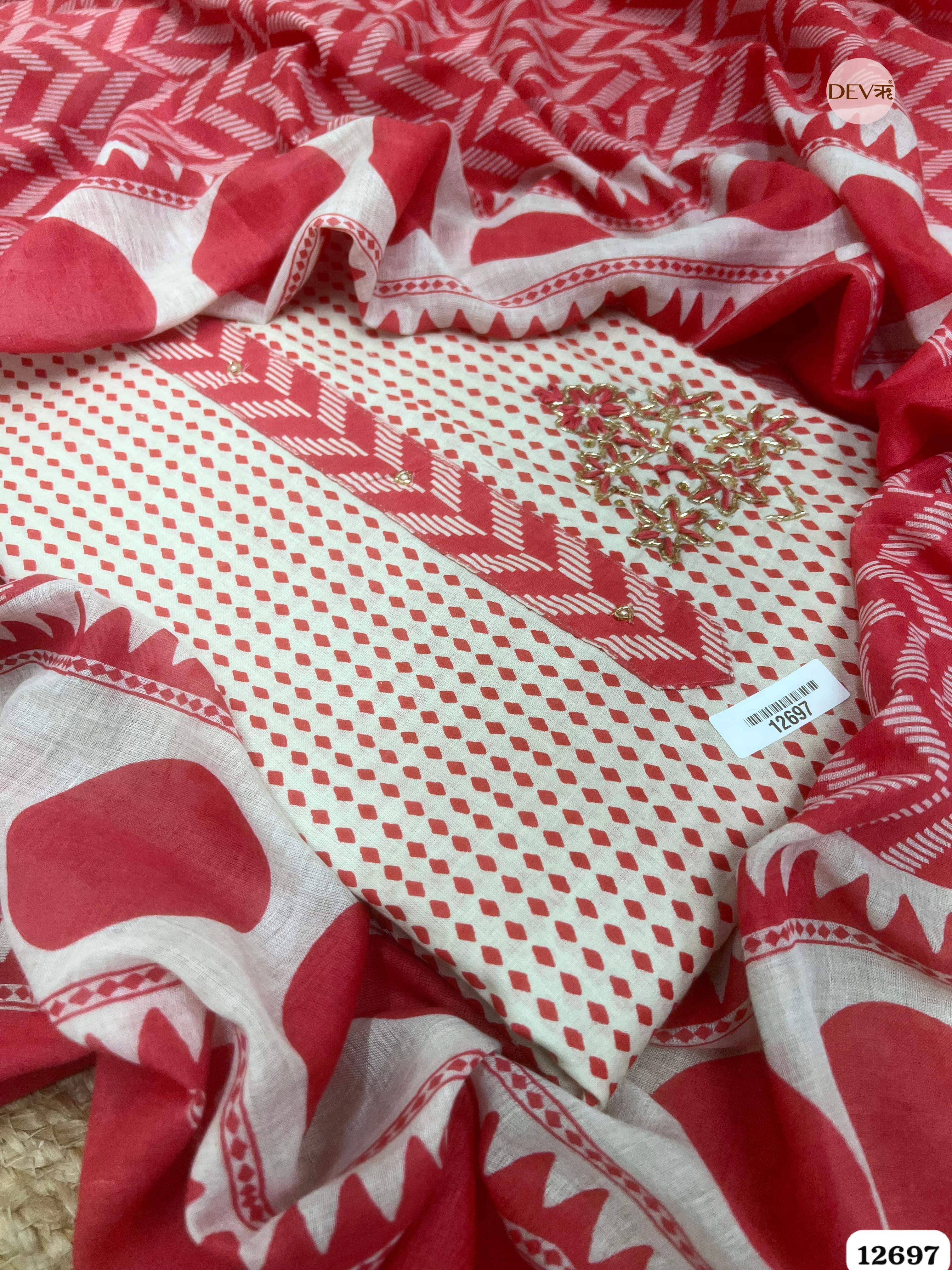 Watermelon Red Cotton Printed Unstitched 3-Piece Suit (Devri – D.No 12697)