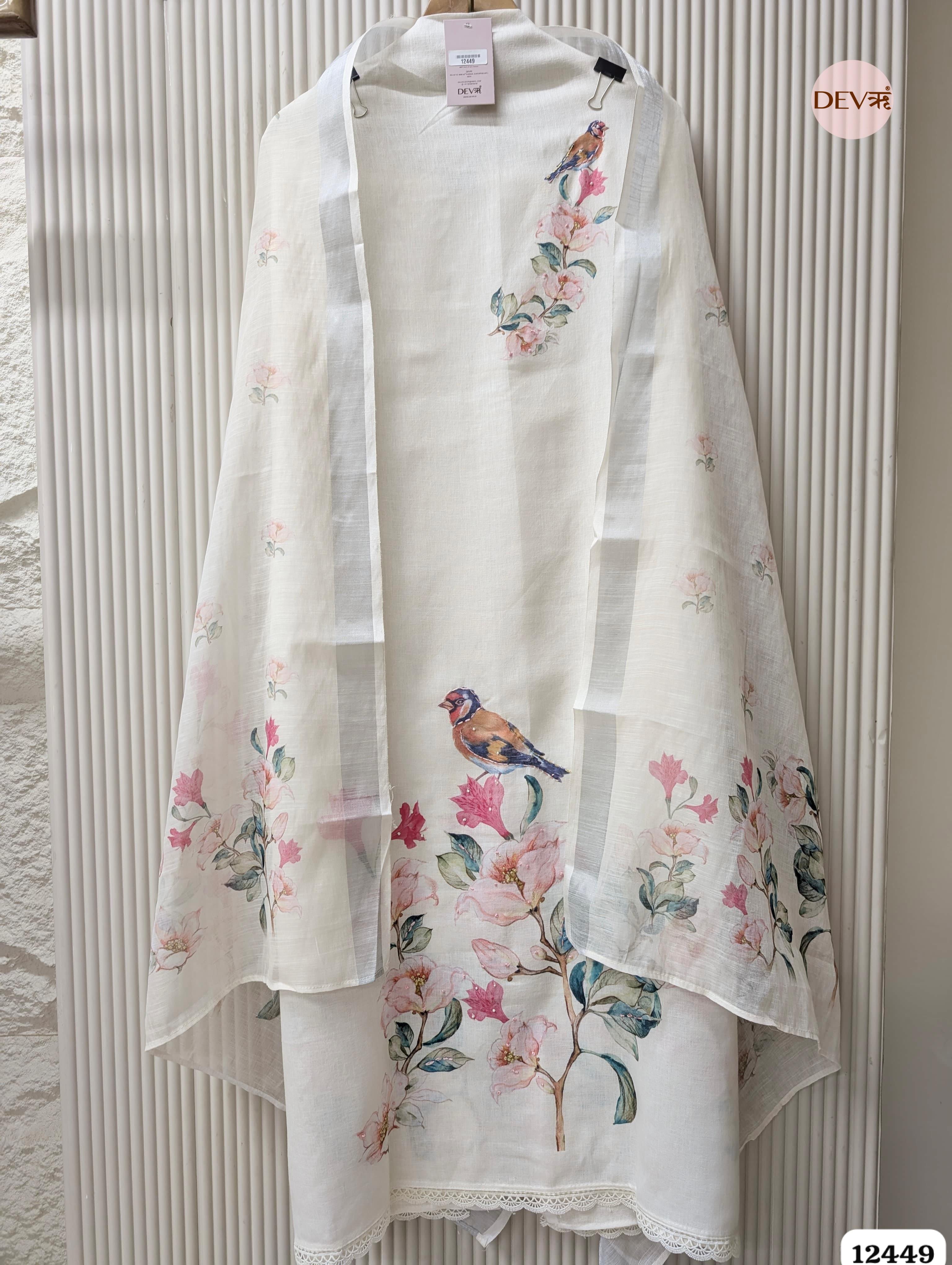 Off-White Linen Cotton Printed Unstitched 3-Piece Suit (Devri – D.No. 12449)