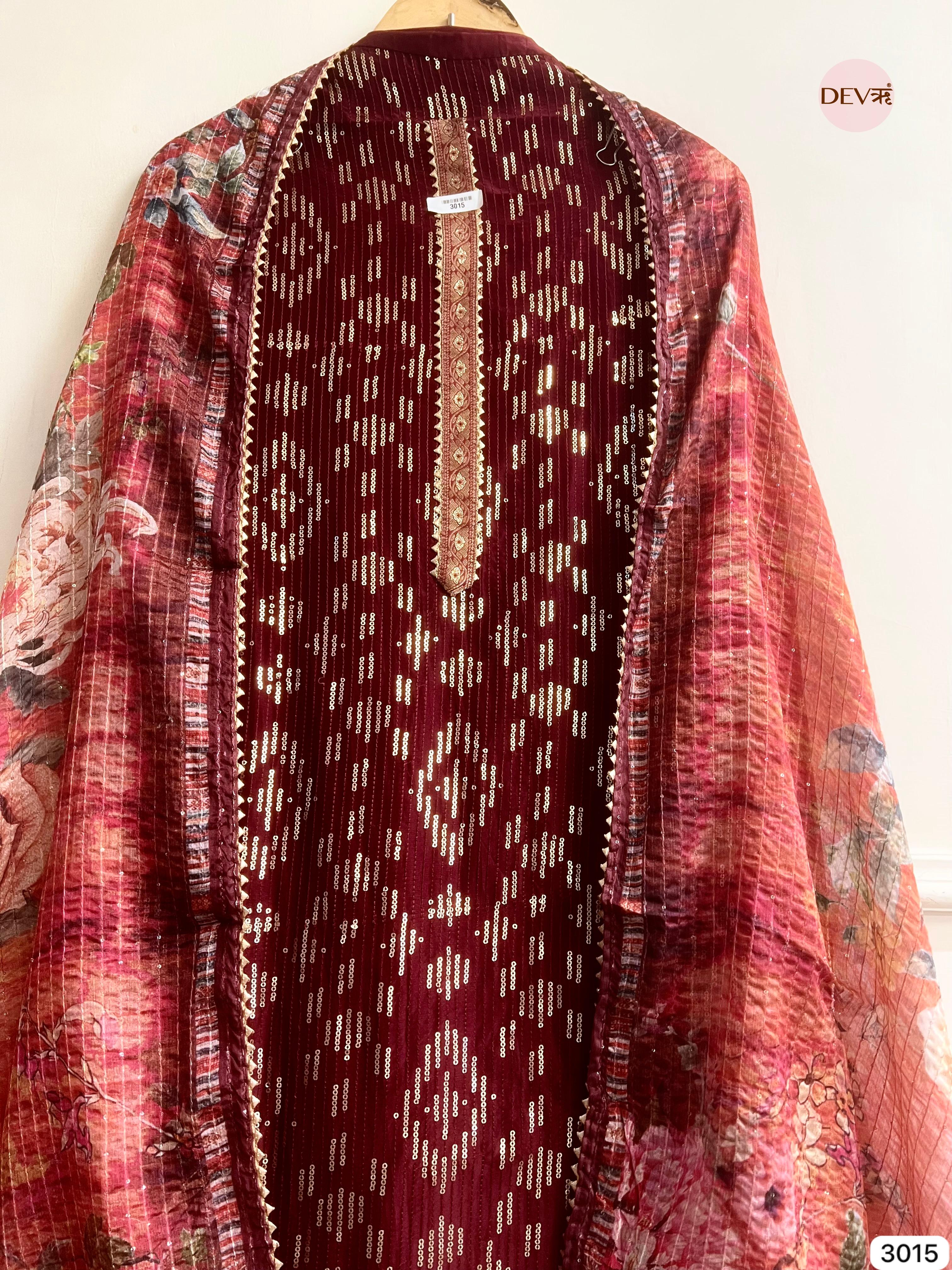 Maroon Upada Silk Embroidered Unstitched 3-Piece Suit (Devri – D.No 3015)