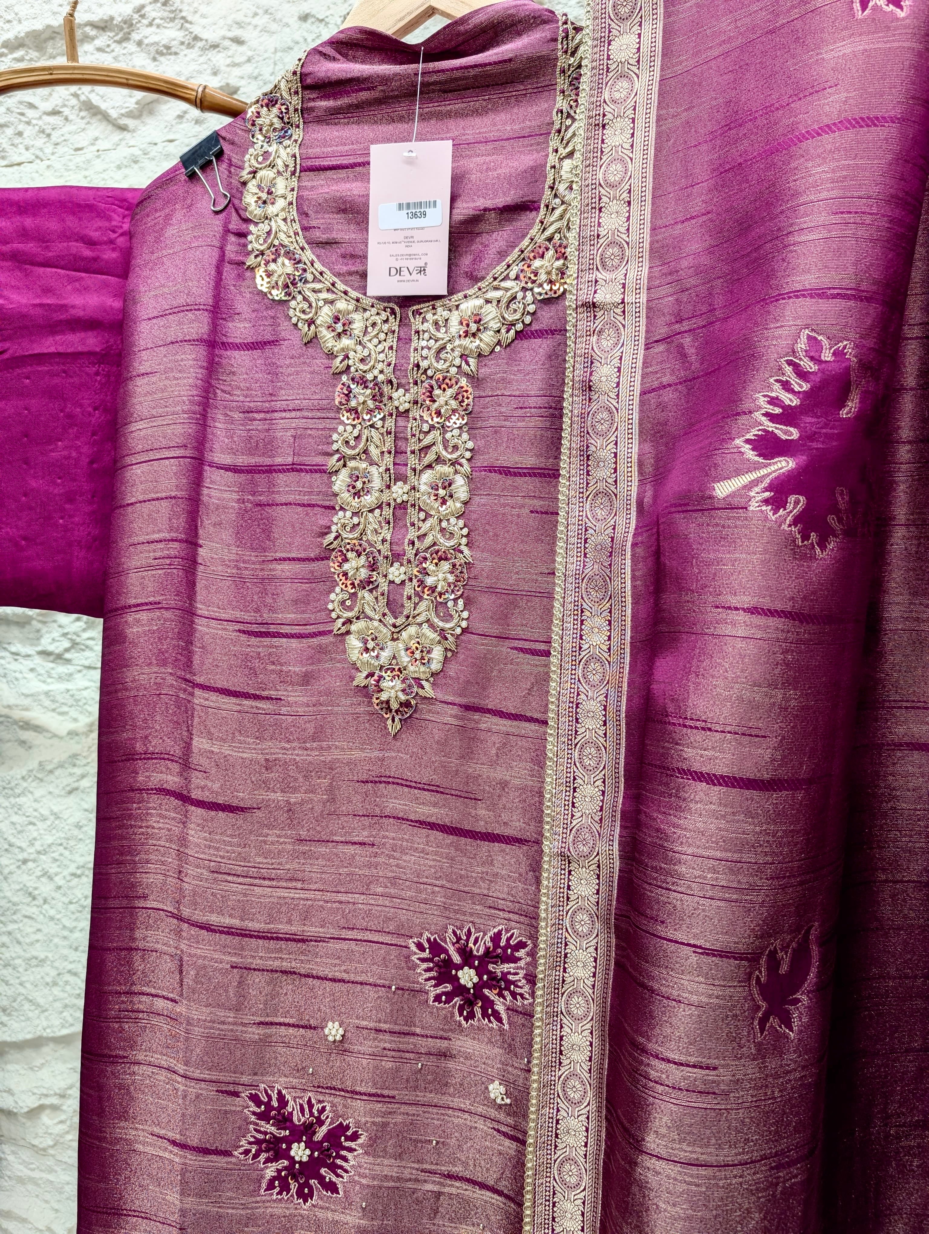 Magenta Pure Girafe Banarasi Silk Embroidered Unstitched 3-Piece Suit (Devri – D.No 13639)