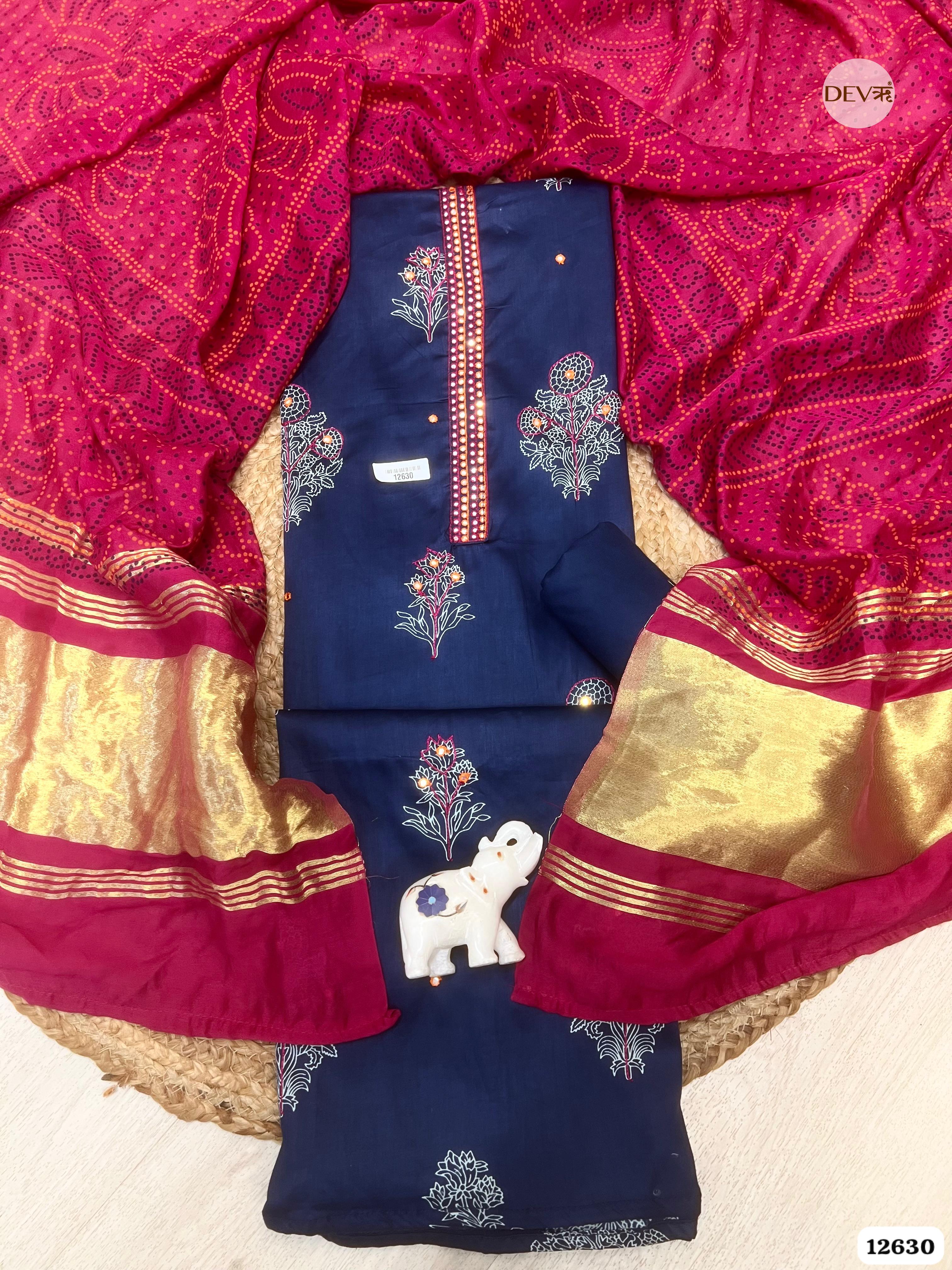 Navy Blue & Magenta Cotton Silk Unstitched 3-Piece Suit (Devri – D.No 12630)