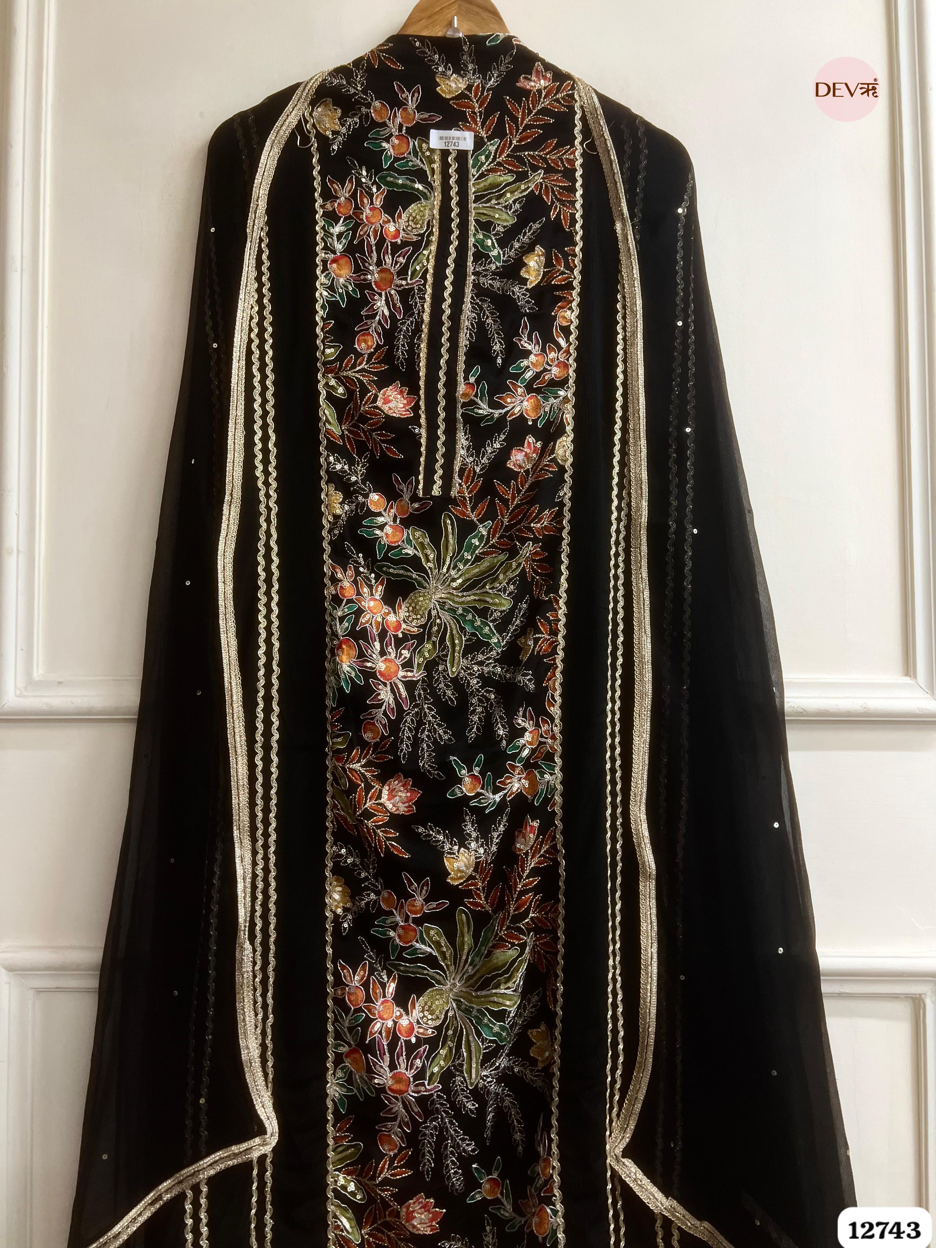 Black Chinon Embroidered Unstitched 3-Piece Suit (Devri – D.No 12743)