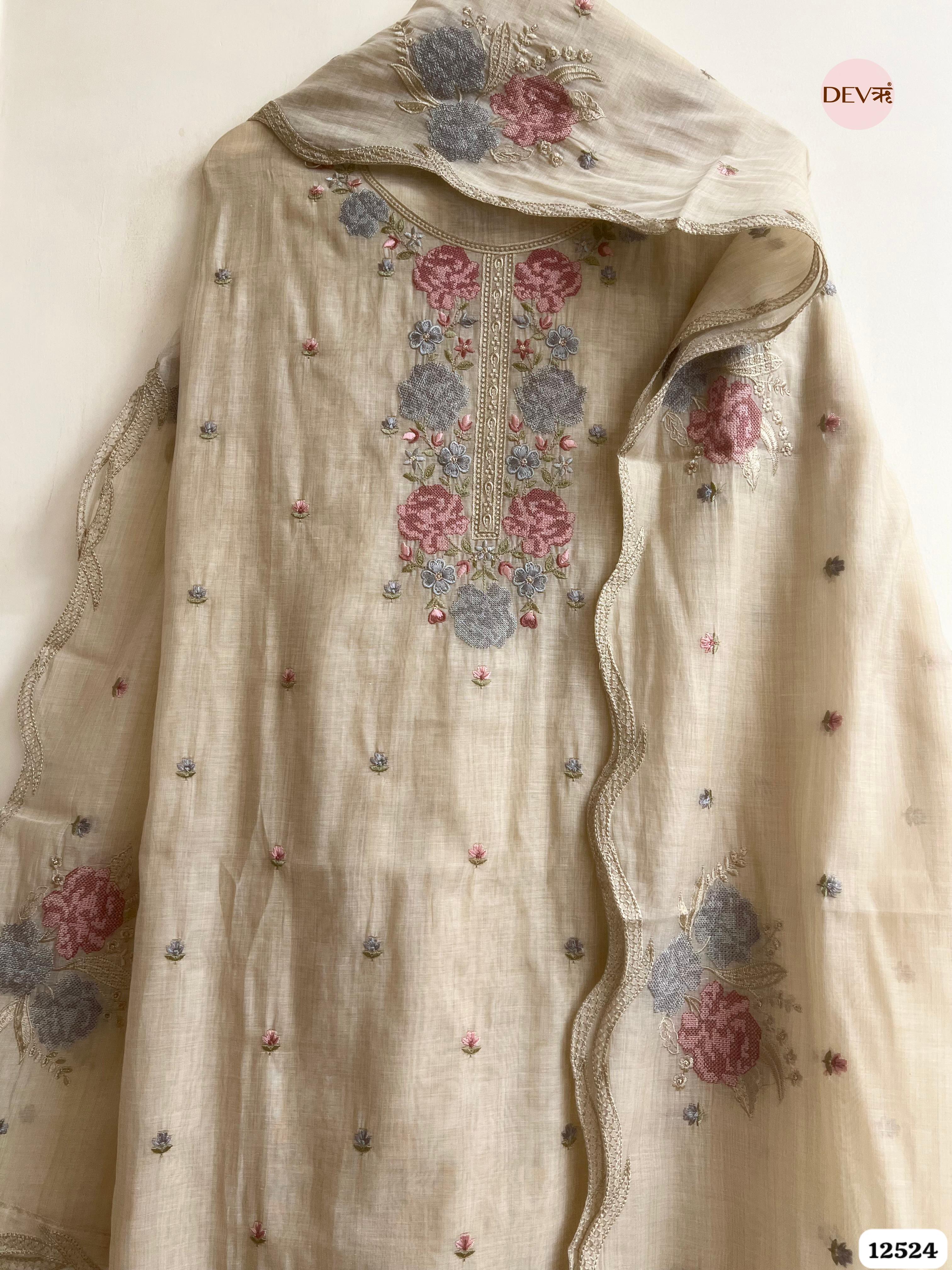 baige Mul Chanderi Embroidered Unstitched 3-Piece Suit (Devri – D.No. 12524)