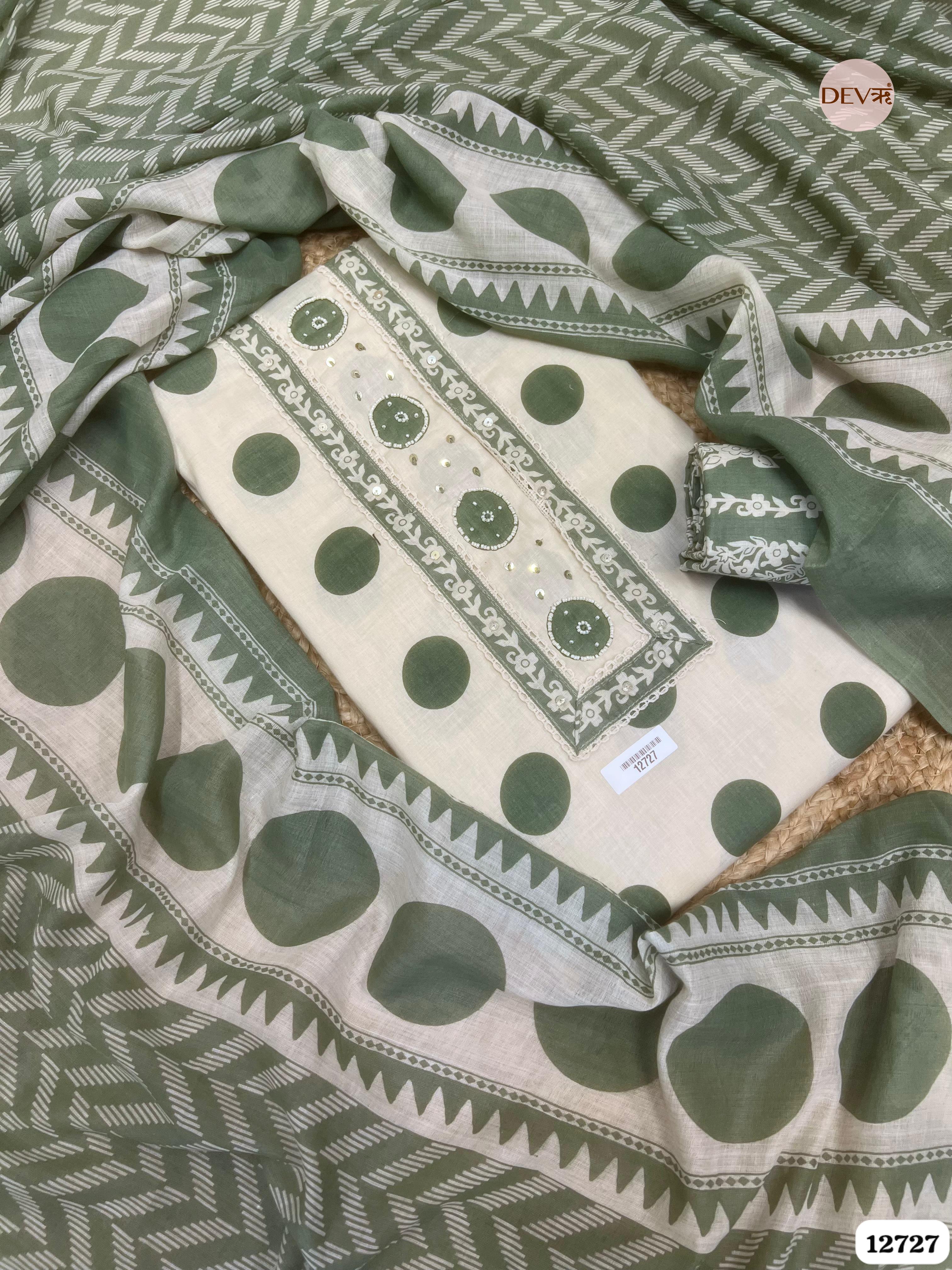 Sage Green Cotton Printed Unstitched 3-Piece Suit (Devri – D.No 12727)