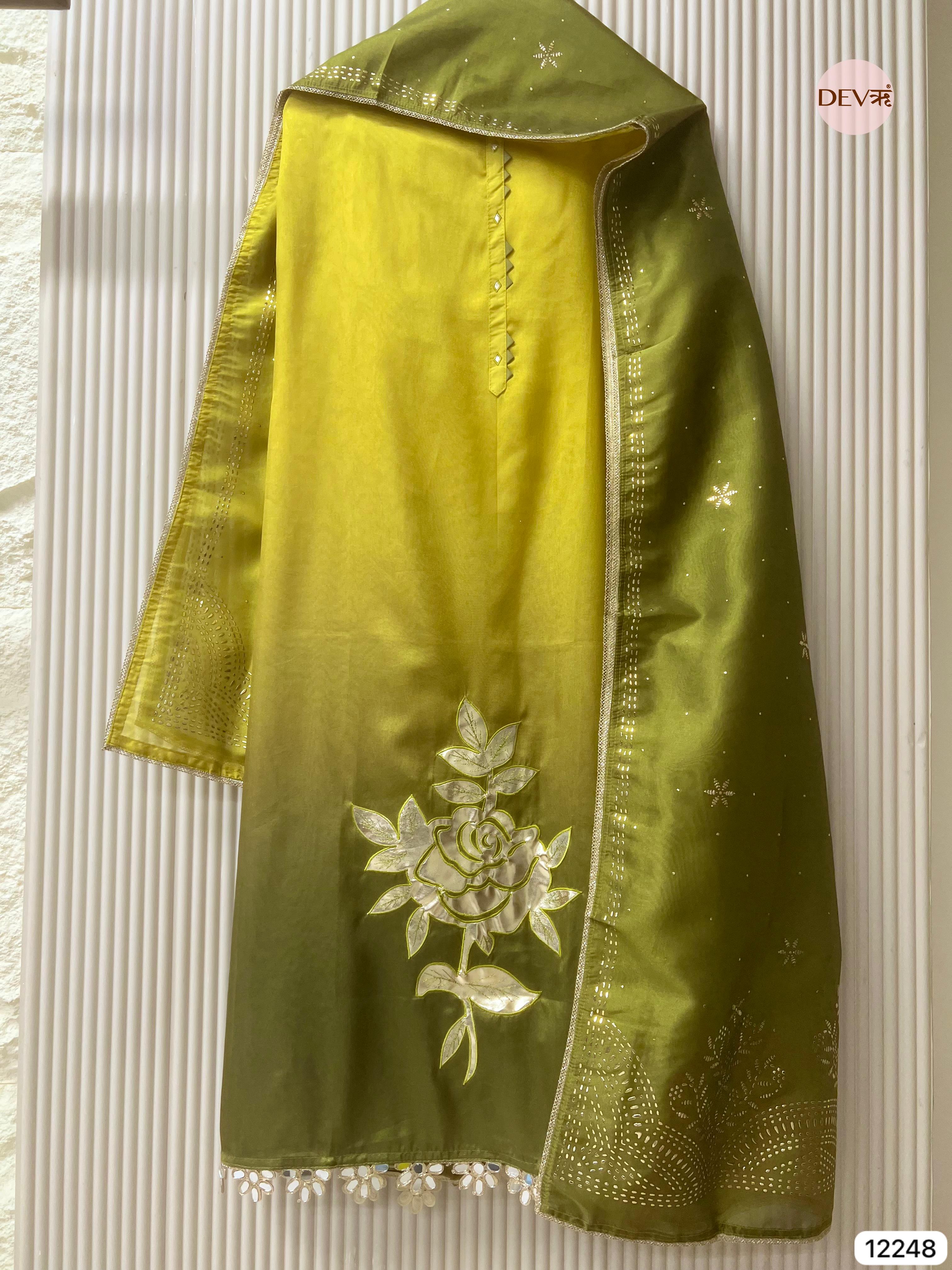 Olive Soft Tissue Shimmer Silk Embroidered Unstitched 3-Piece Set (Devri – D.No 12248)