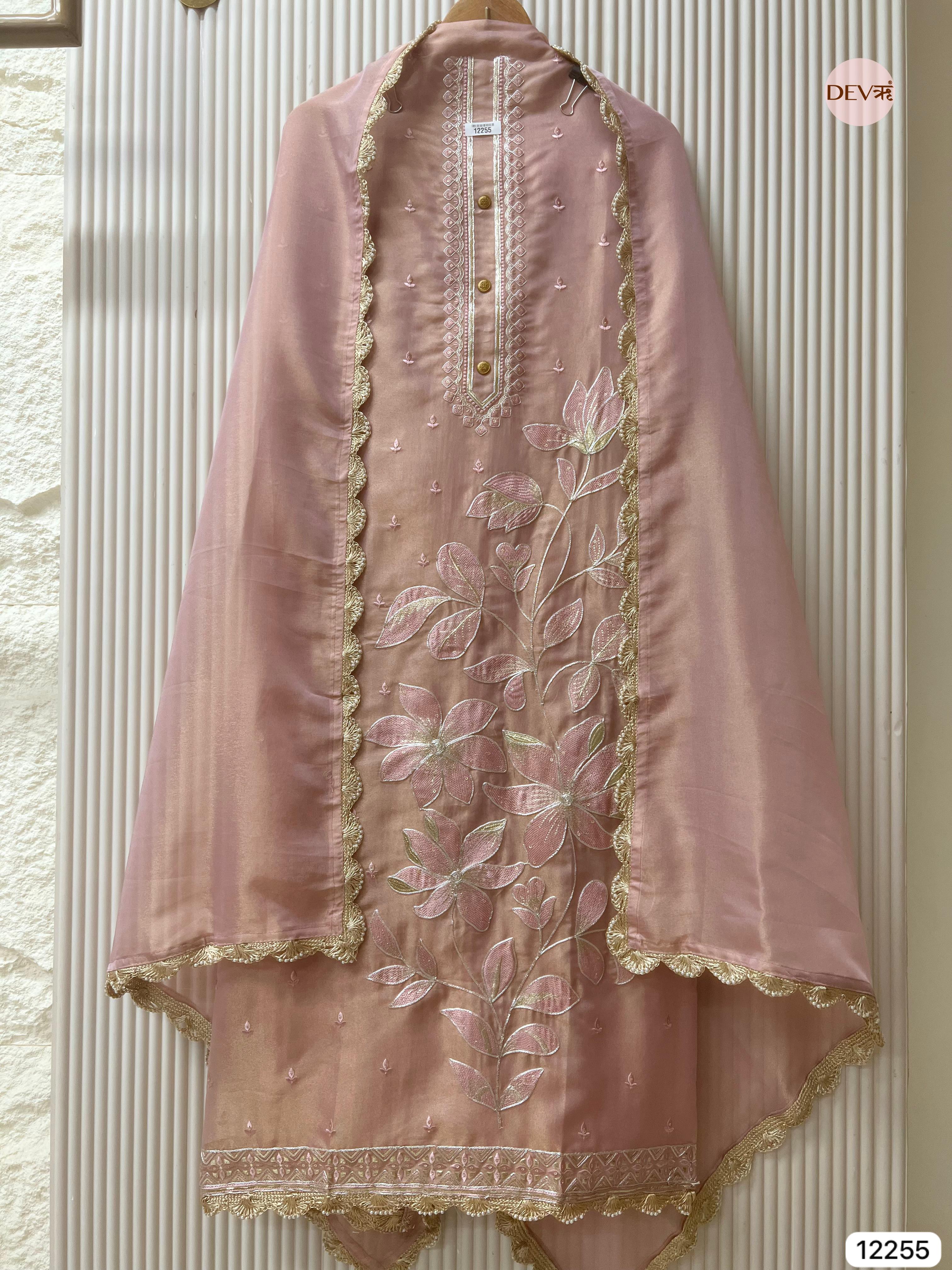Rose Gold Shimmer Silk Embroidered Unstitched 3-Piece Suit (Devri – D.No 12255)