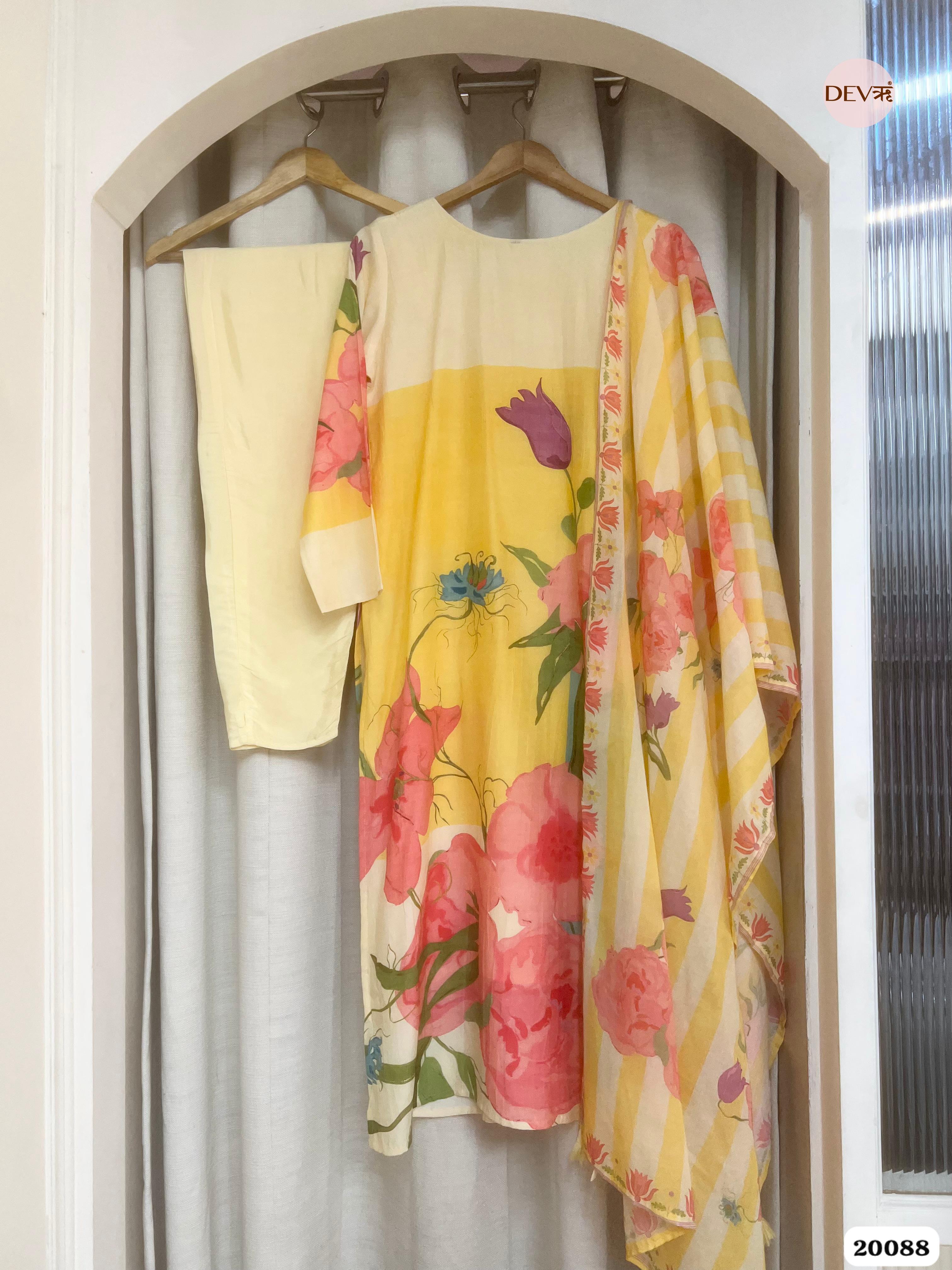 Saanvi Pure Cotton Printed Yellow & Teal 3-Piece Set (Devri – D.No 20088)
