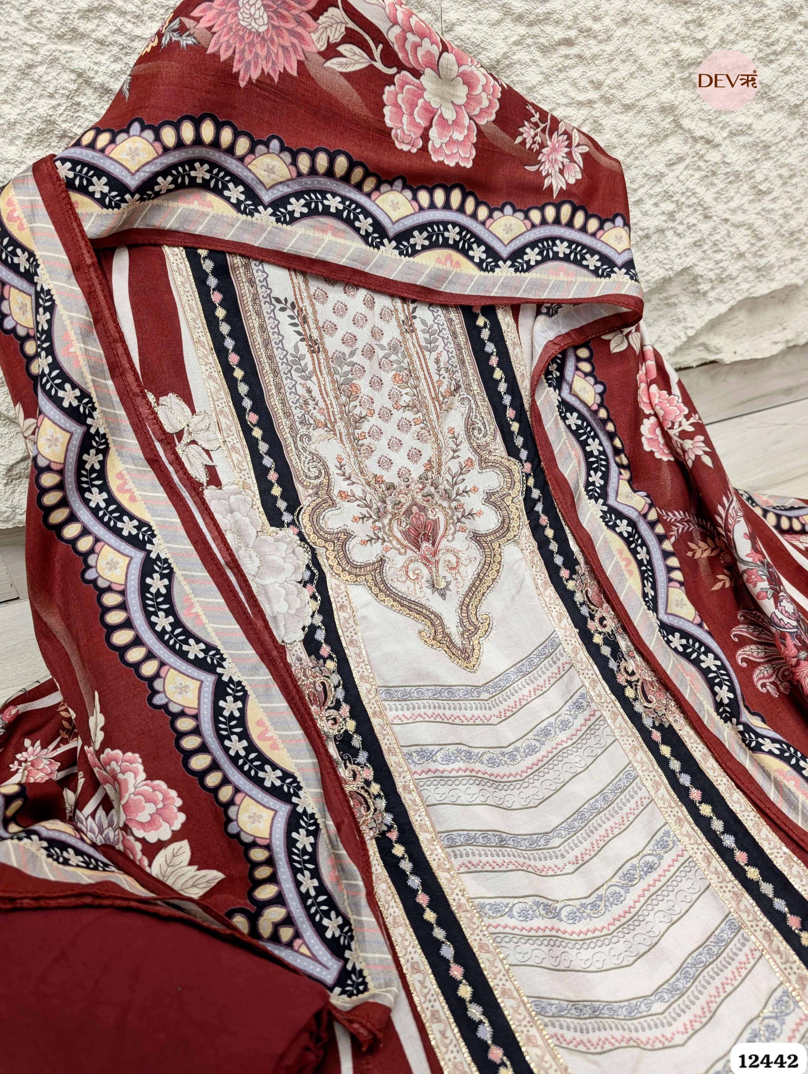 Maroon Muslin Digital Printed Unstitched 3-Piece Suit (Devri – D.No 12442)