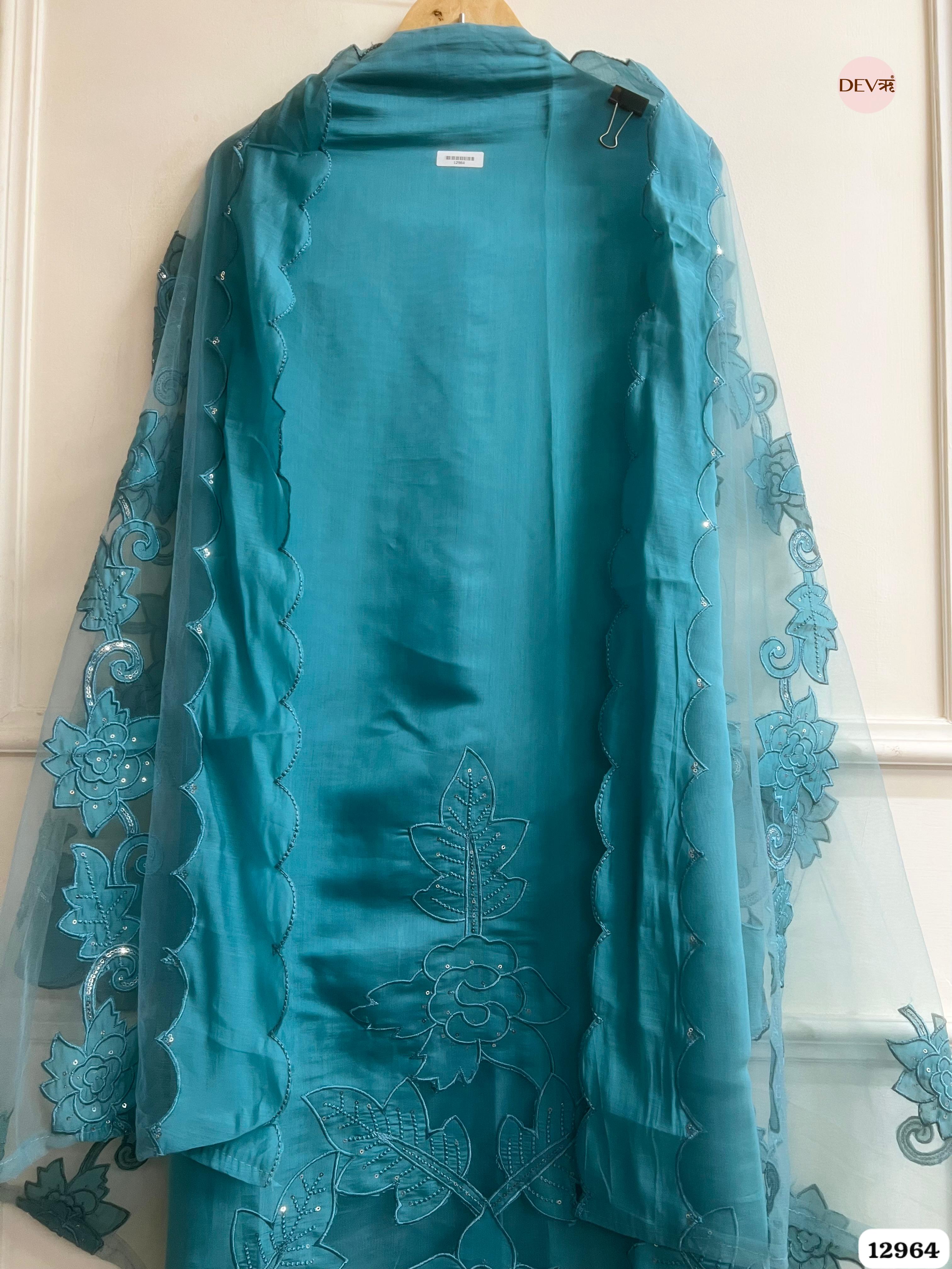 Teal Roman Silk Embroidered Unstitched 3-Piece Suit (Devri – D.No 12964)