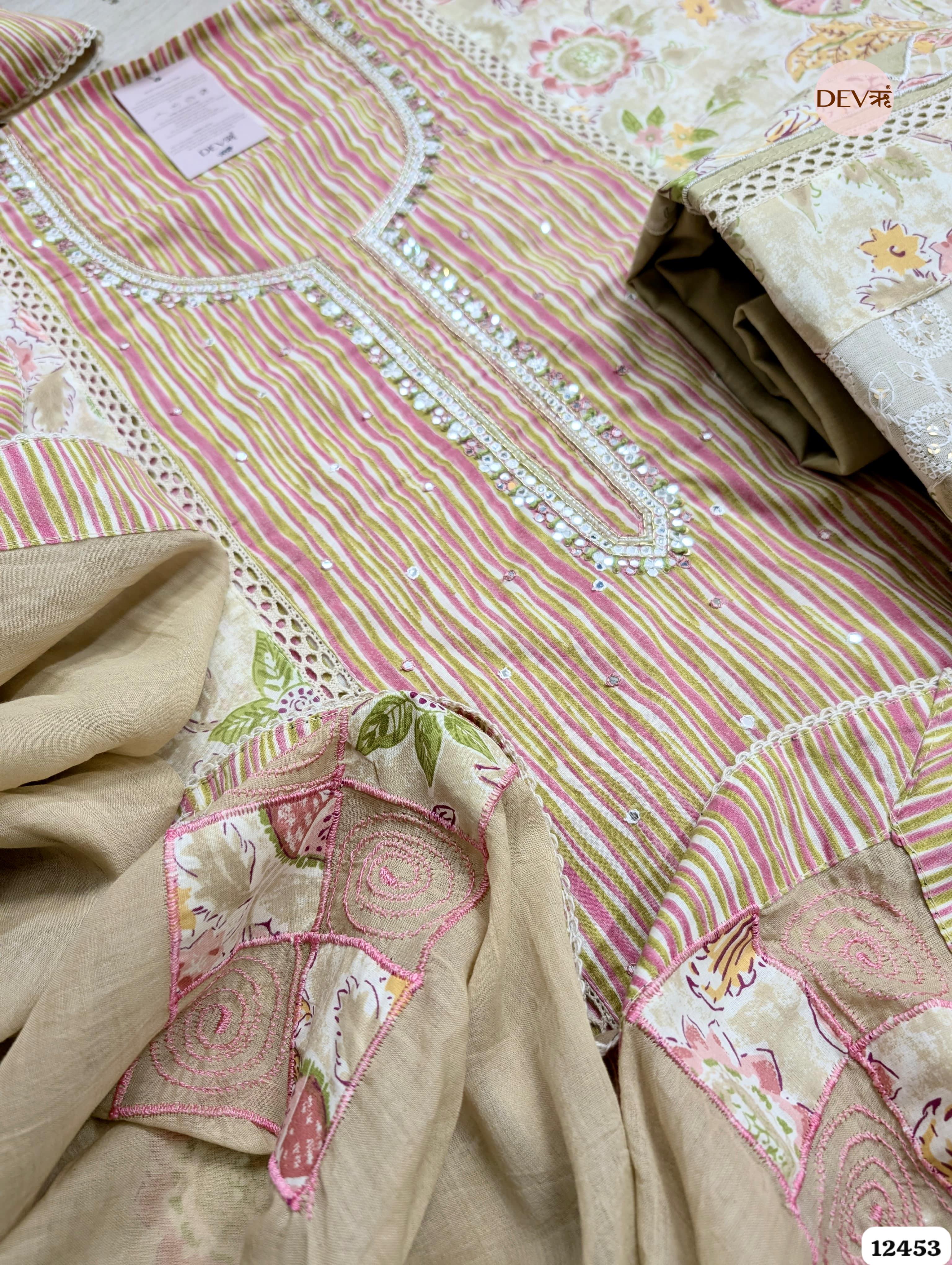 Beige and Pink Cotton Embroidered Unstitched 3-Piece Suit (Devri – D.No .12453)