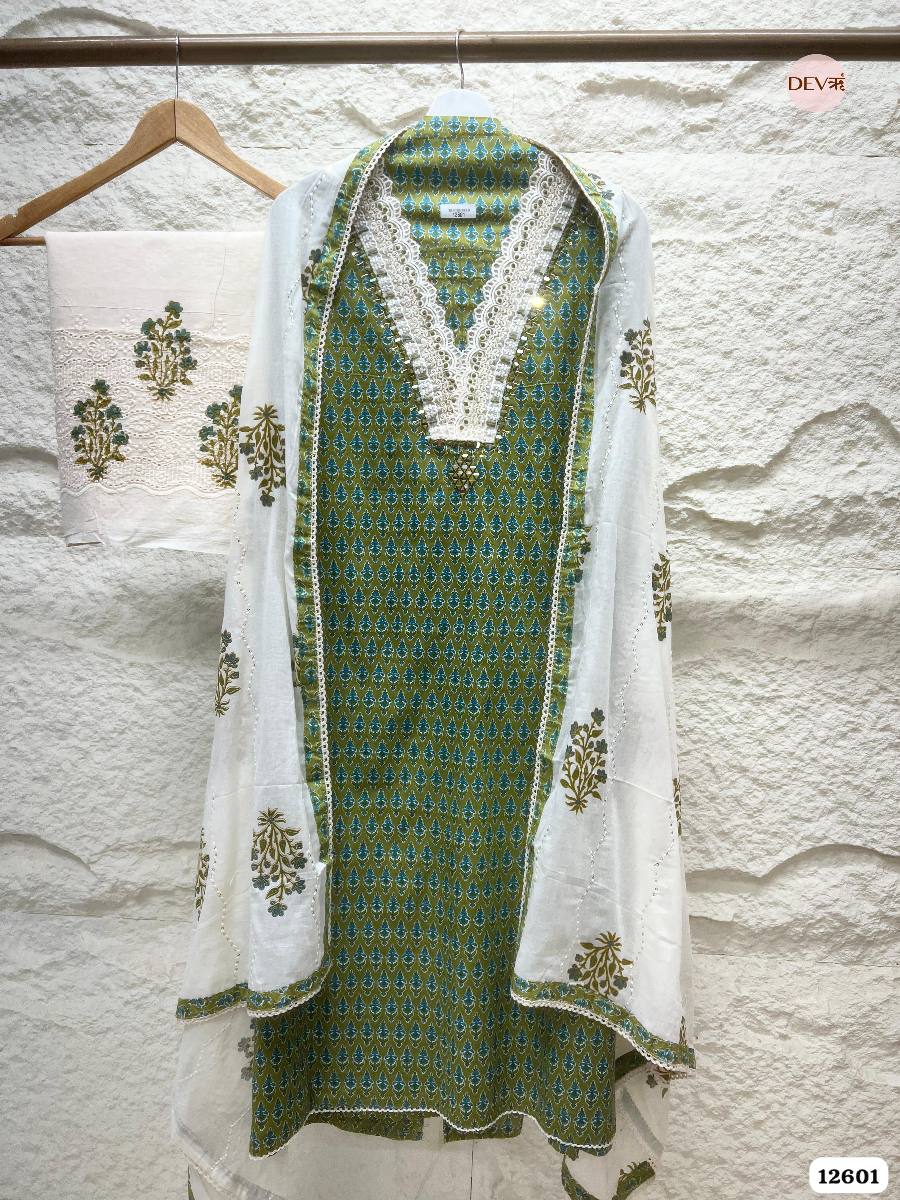 Olive Green Cotton Printed Unstitched 3-Piece Suit (Devri – D.No 12601)