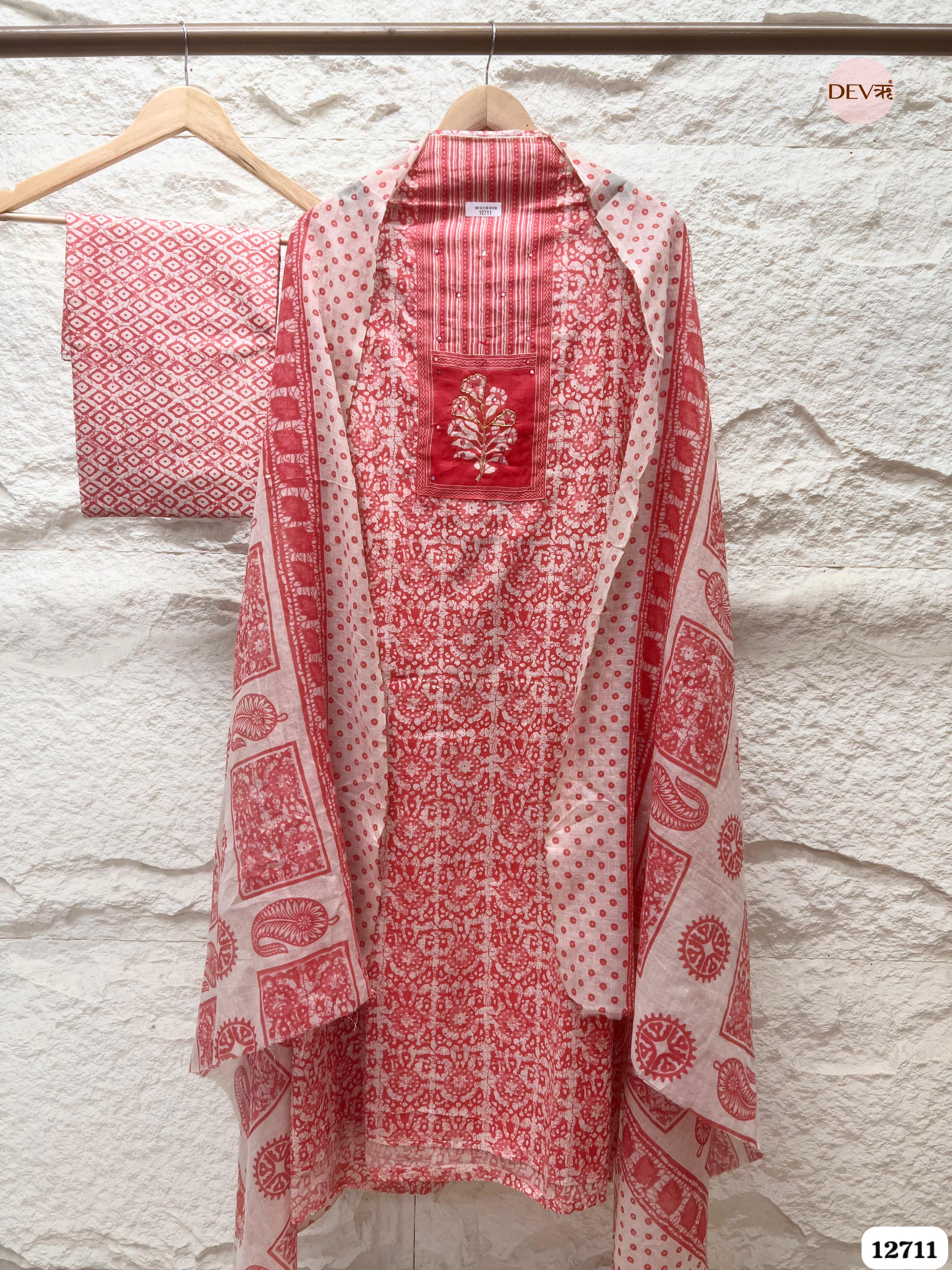 Coral Red Cotton Printed Unstitched 3-Piece Suit (Devri – D.No 12711)