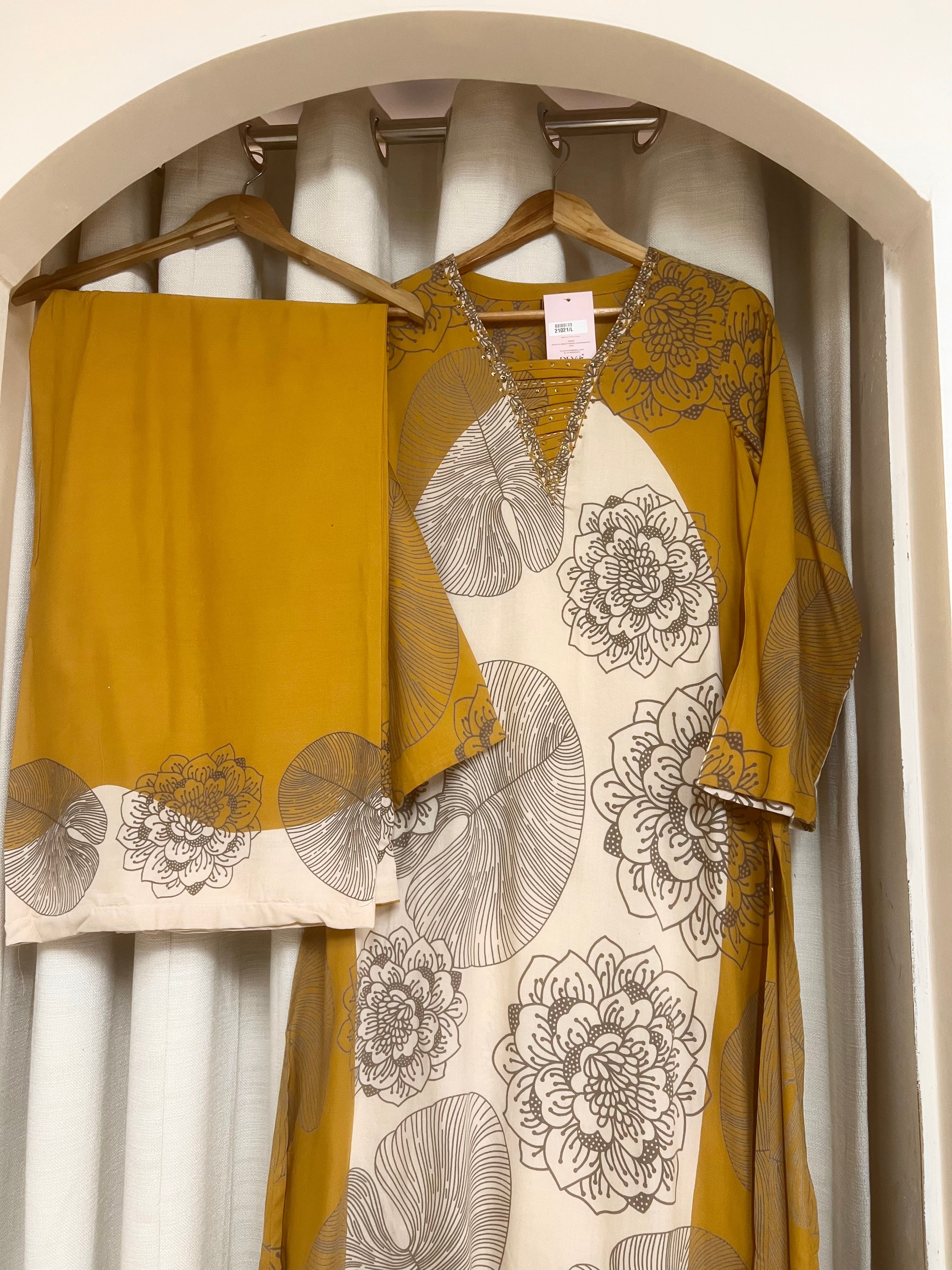 Gulnaar German reyon Printed Mustard 2-Piece Set (Devri – D.No 21021)
