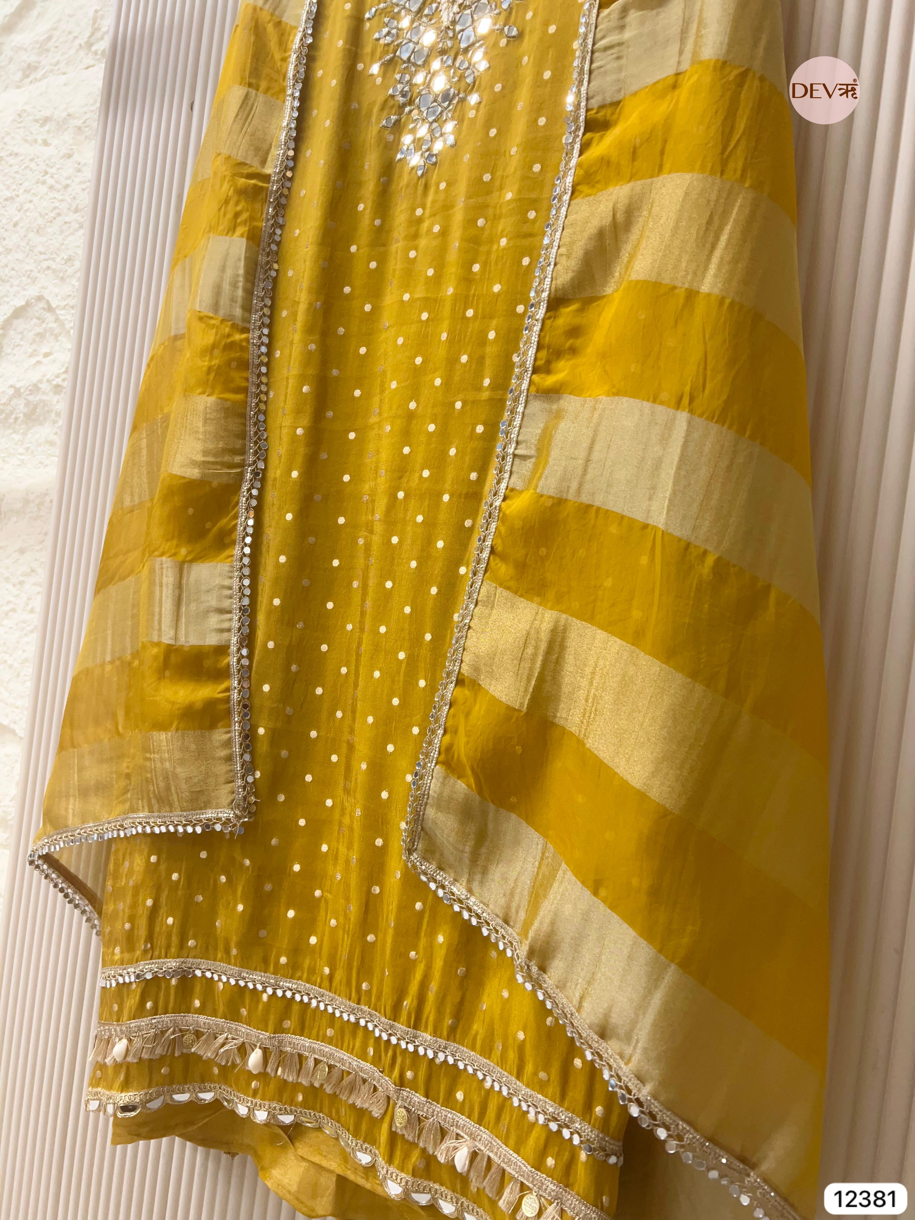 Mustard Yellow Tissue Silk Embroidered Unstitched 3-Piece Suit (Devri – D.No 12381)