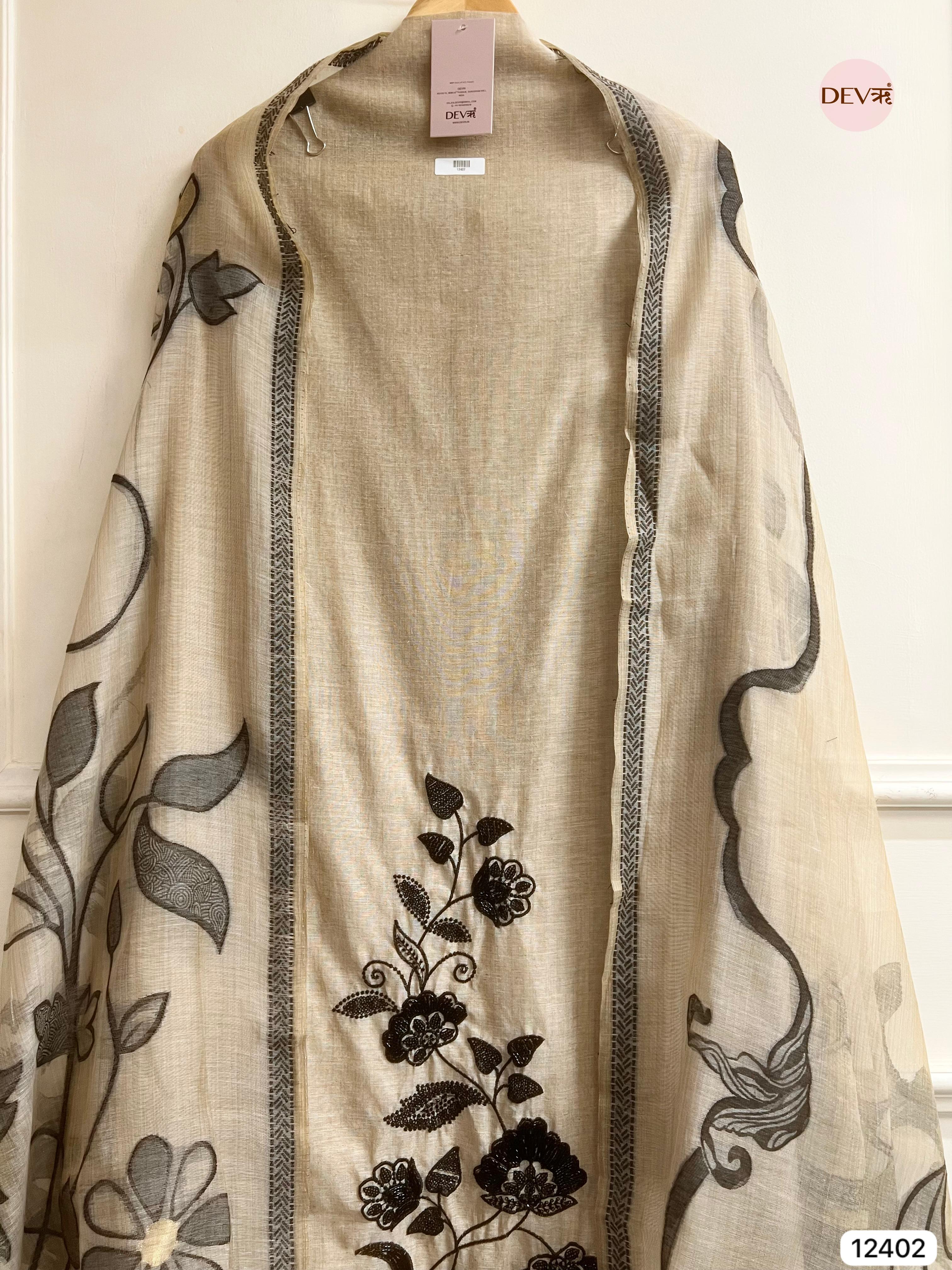 Beige Mul Chanderi Embroidered Unstitched 3-Piece Suit (Devri – D.No 12402)