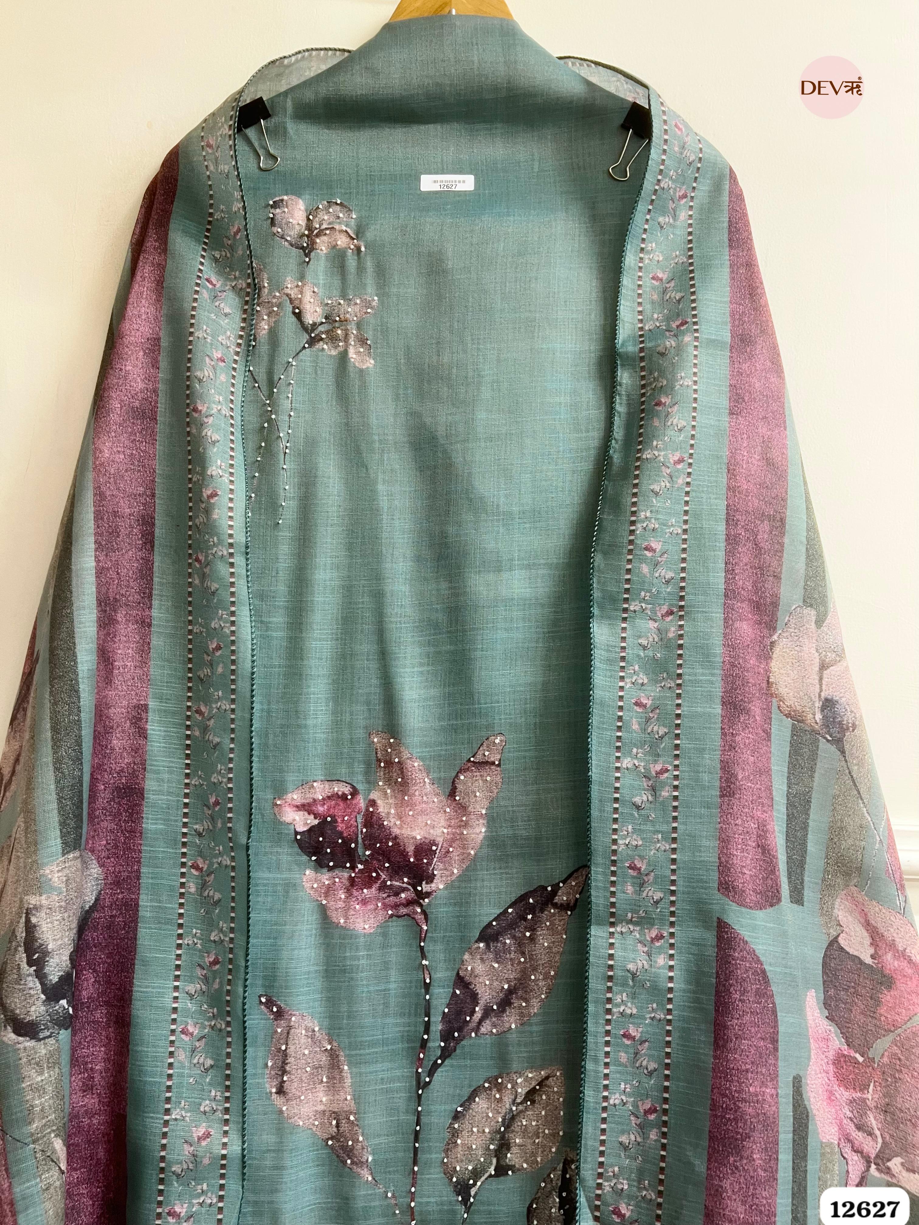 Teal Green Linen Printed Unstitched 3-Piece Suit (Devri – D.No 12627)