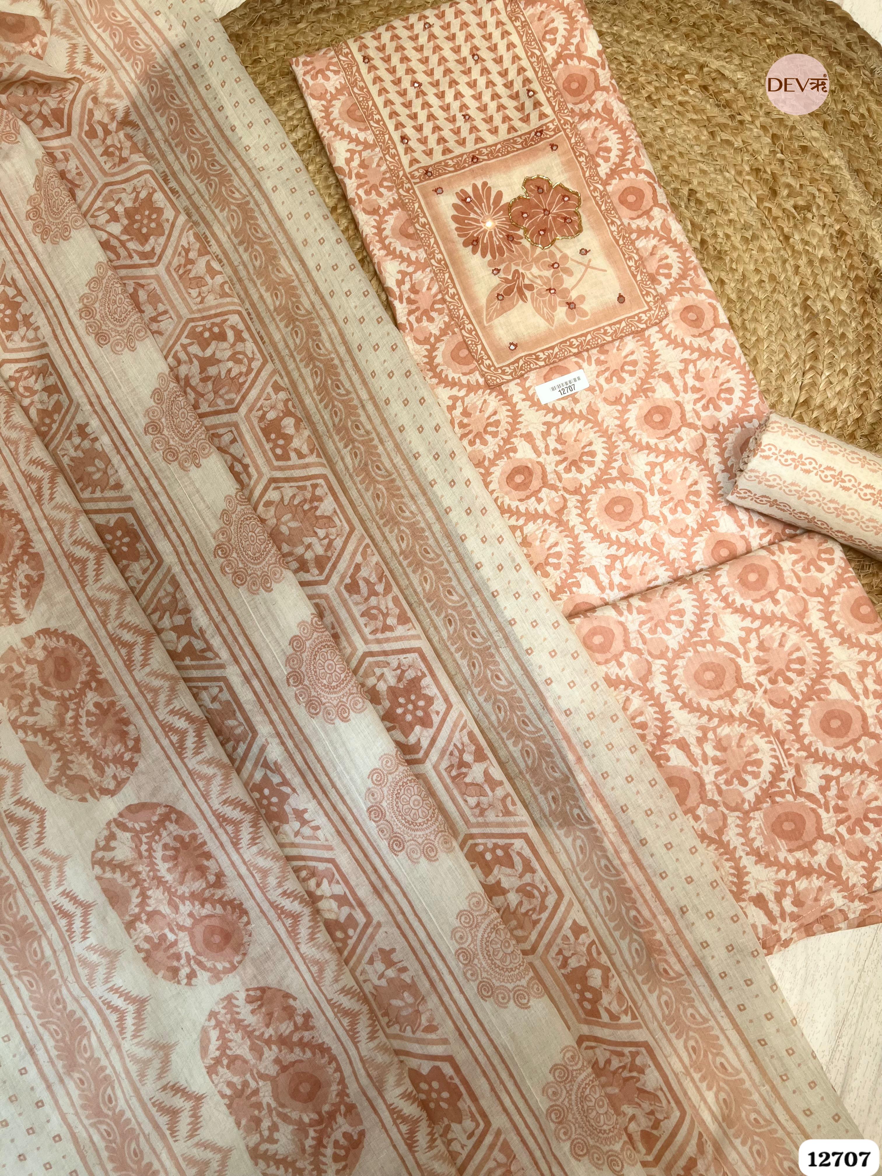 Peach Cotton Printed Unstitched 3-Piece Suit (Devri – D.No 12707)