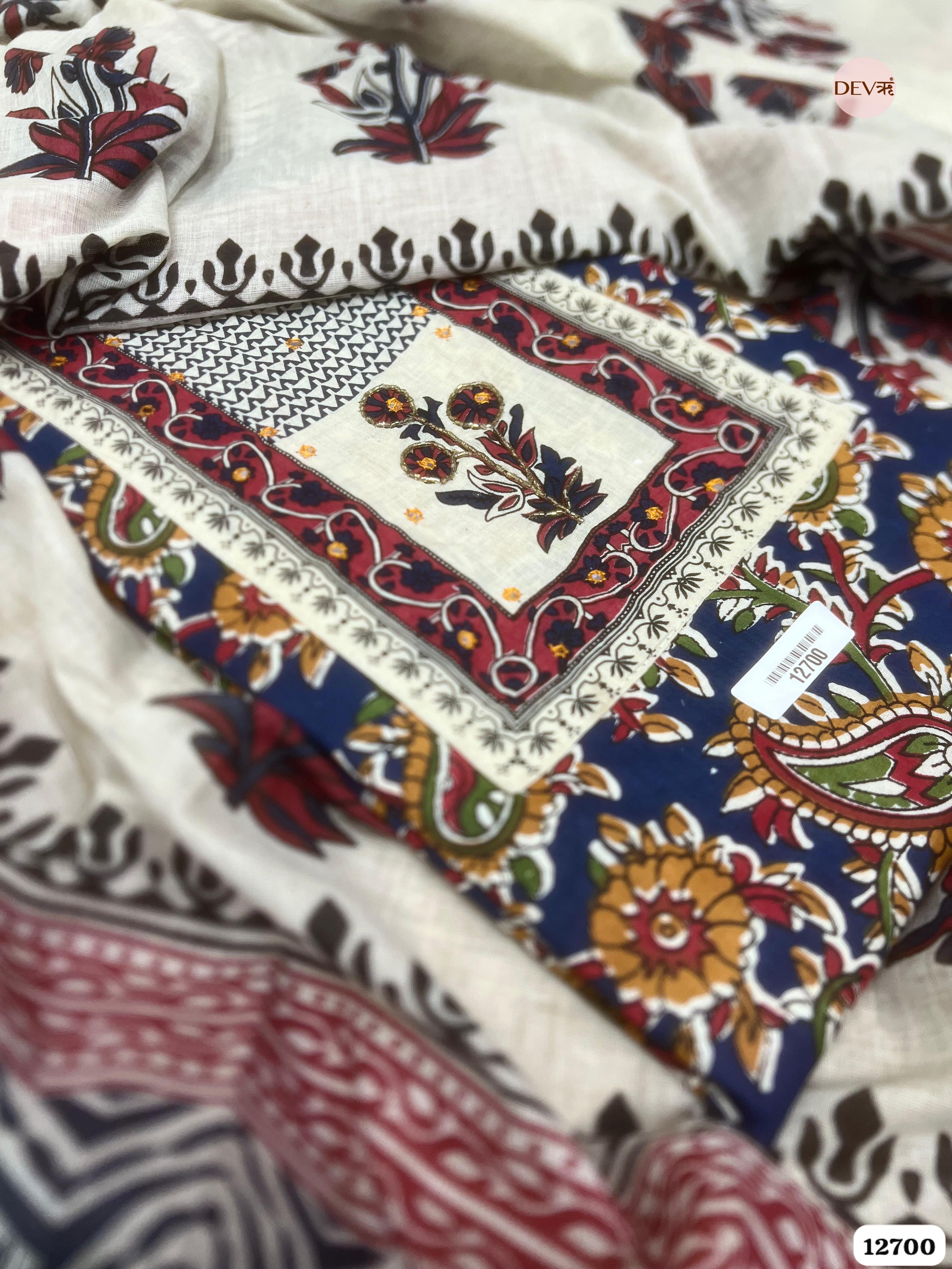 Red White Cotton Printed Unstitched 3-Piece Suit (Devri – D.No 12700)