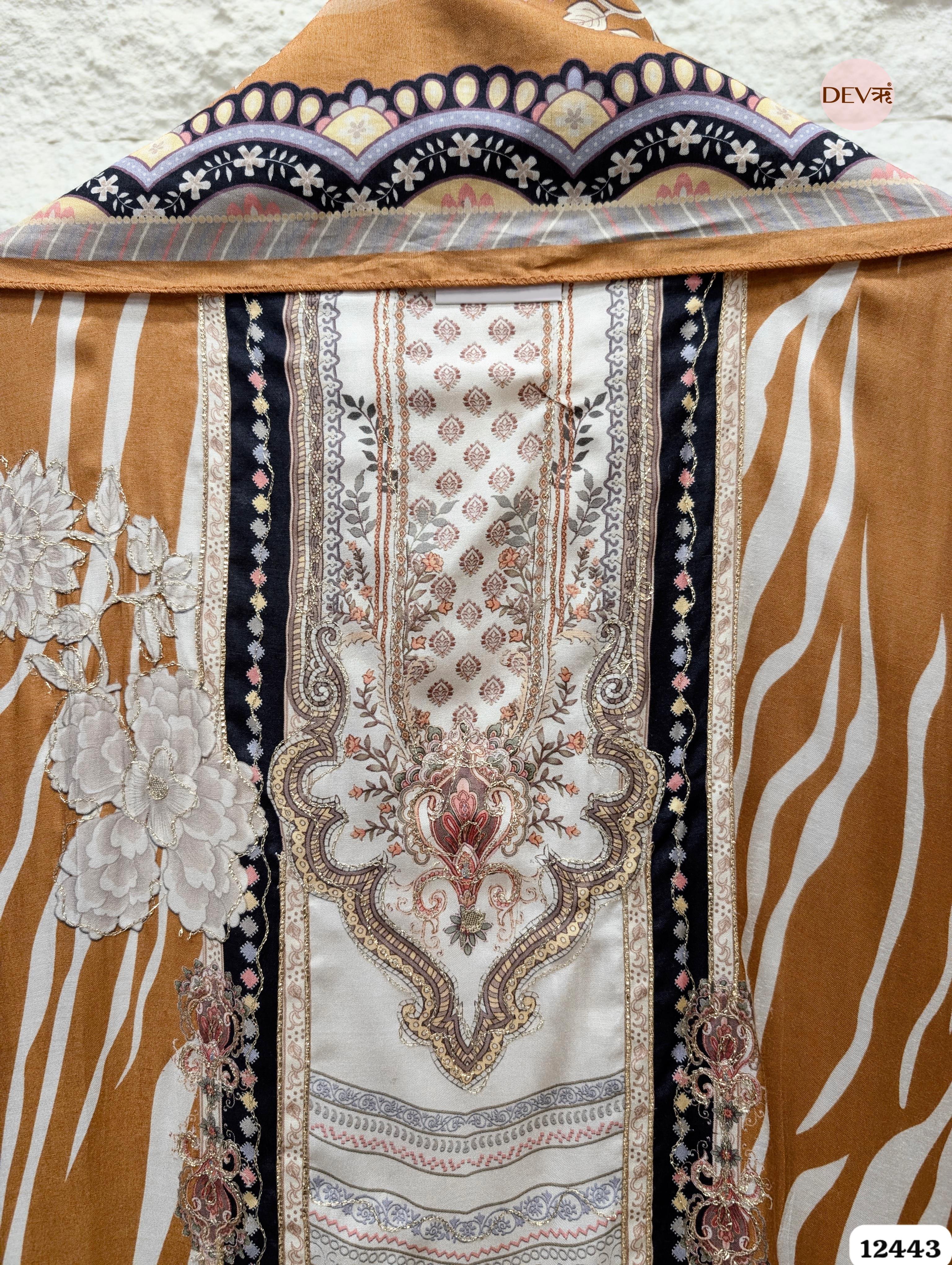 Rust Orange Muslin Digital Printed Unstitched 3-Piece Suit (Devri – D.No 12443)