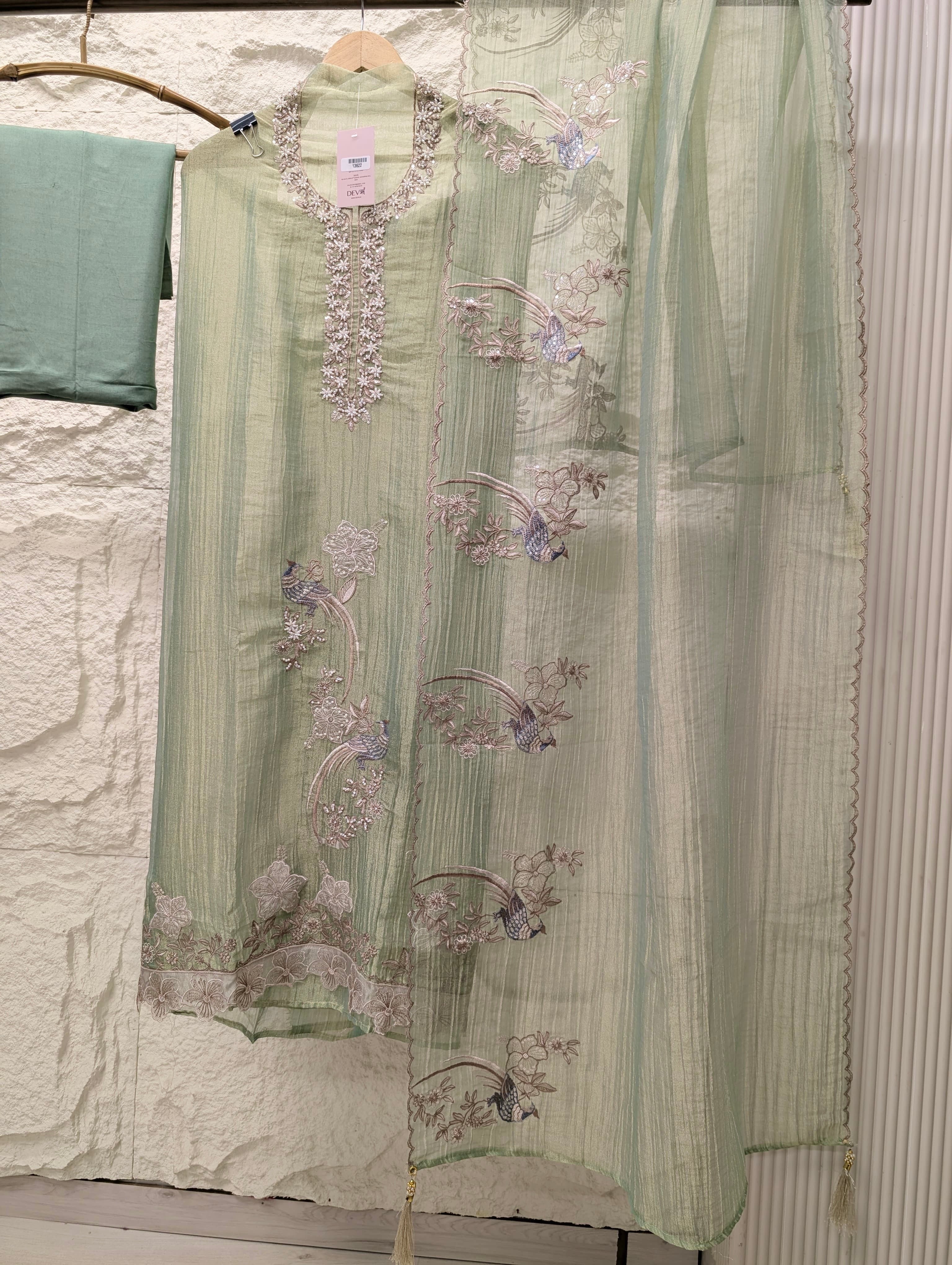 Green Tissue Crush Silk Embroidered Unstitched 3-Piece Suit (Devri – D.No 13622)