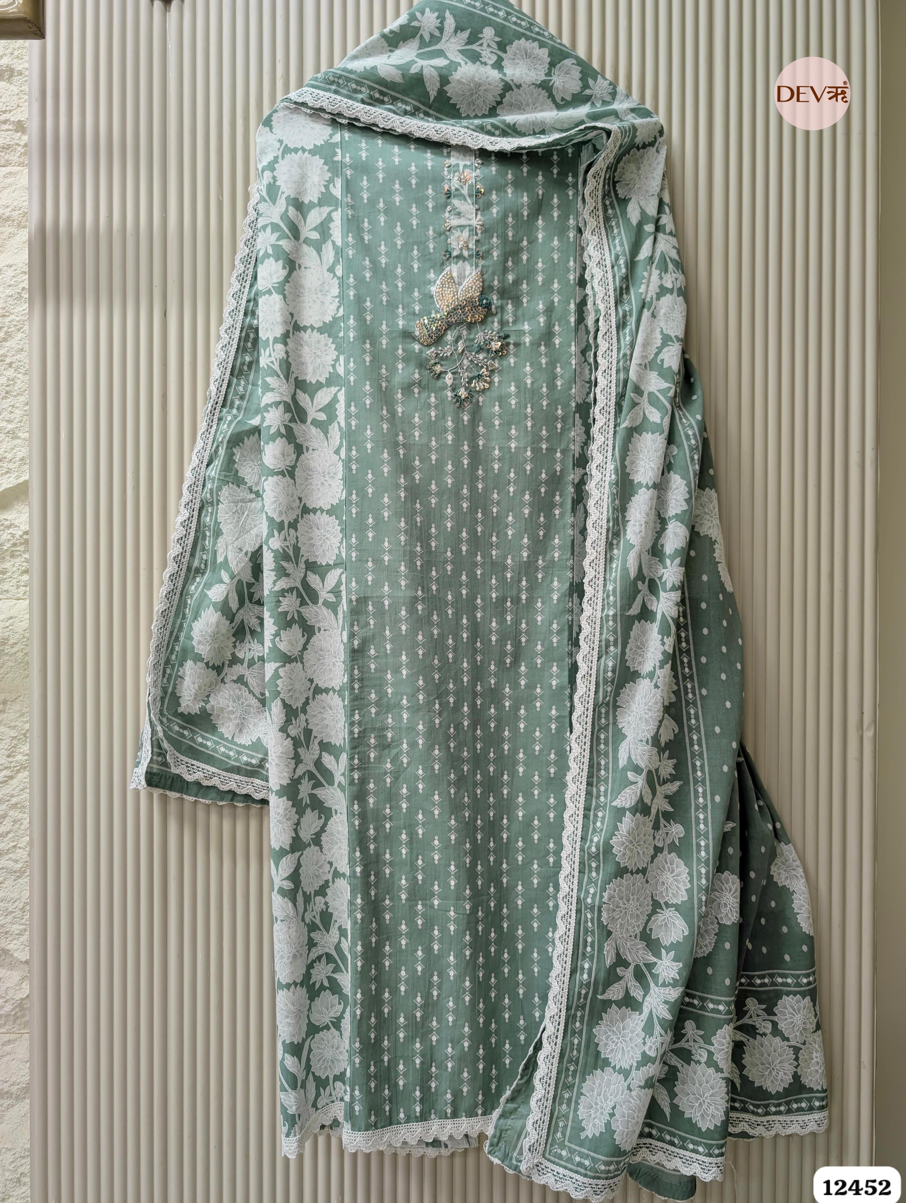Sage Green Pure Cotton Printed & Embroidered Unstitched 3-Piece Suit (Devri – D.No 12452)