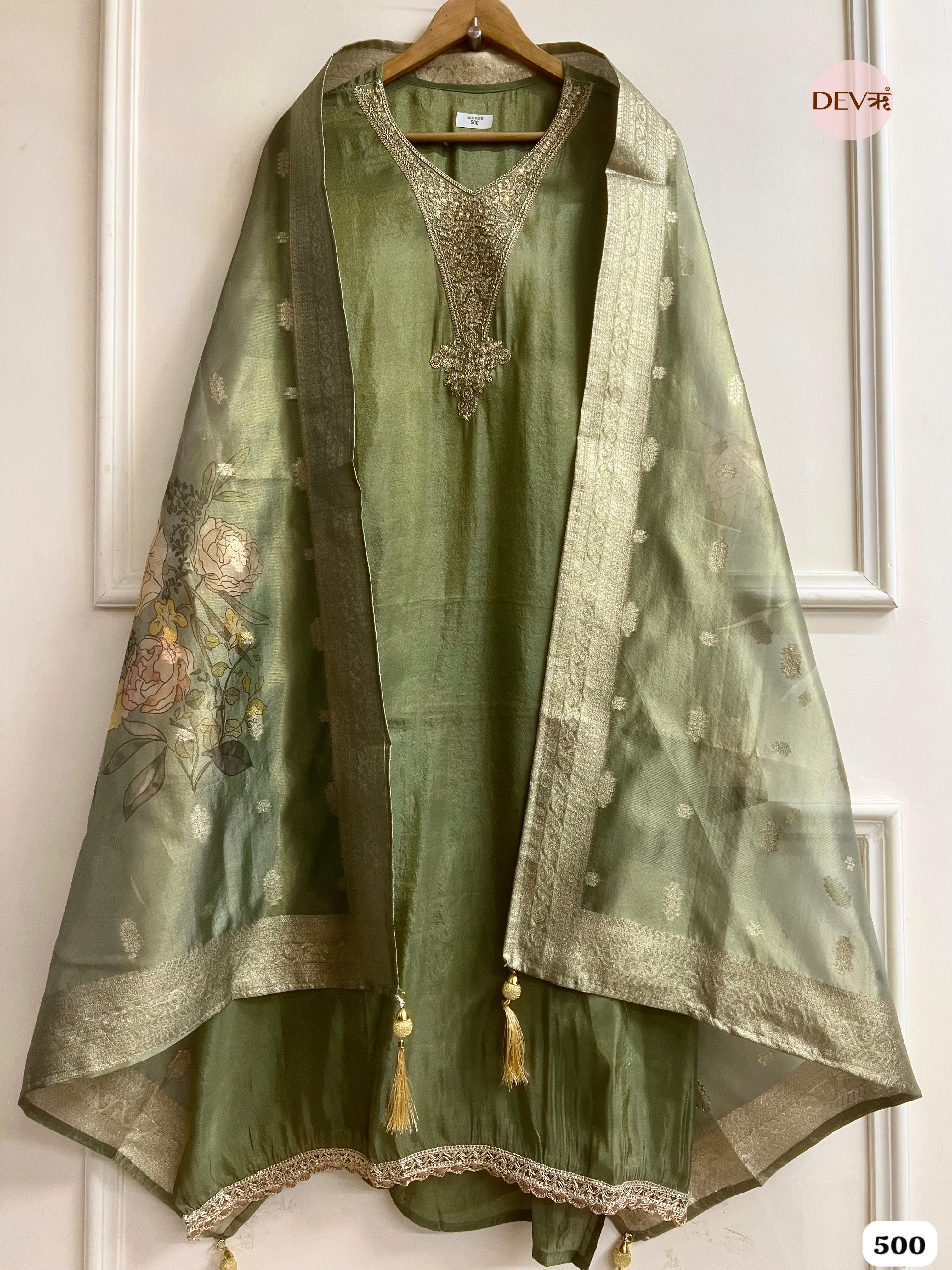 Olive Tissue Silk Embroidered Unstitched 3-Piece Suit (Devri – D.No .500)
