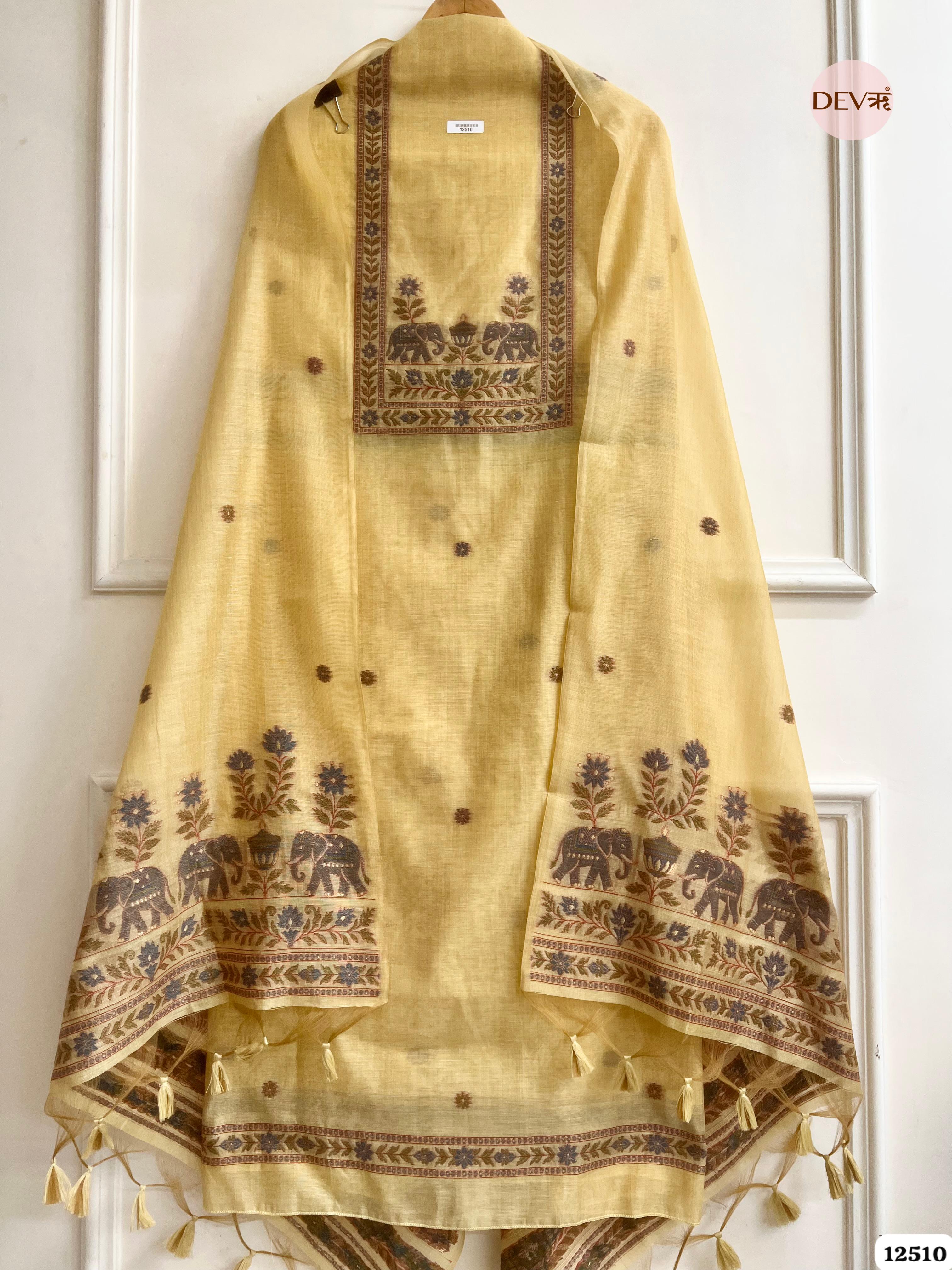 Yellow Jamdani Embroidered Unstitched 3-Piece Suit (Devri – D.No 12510)