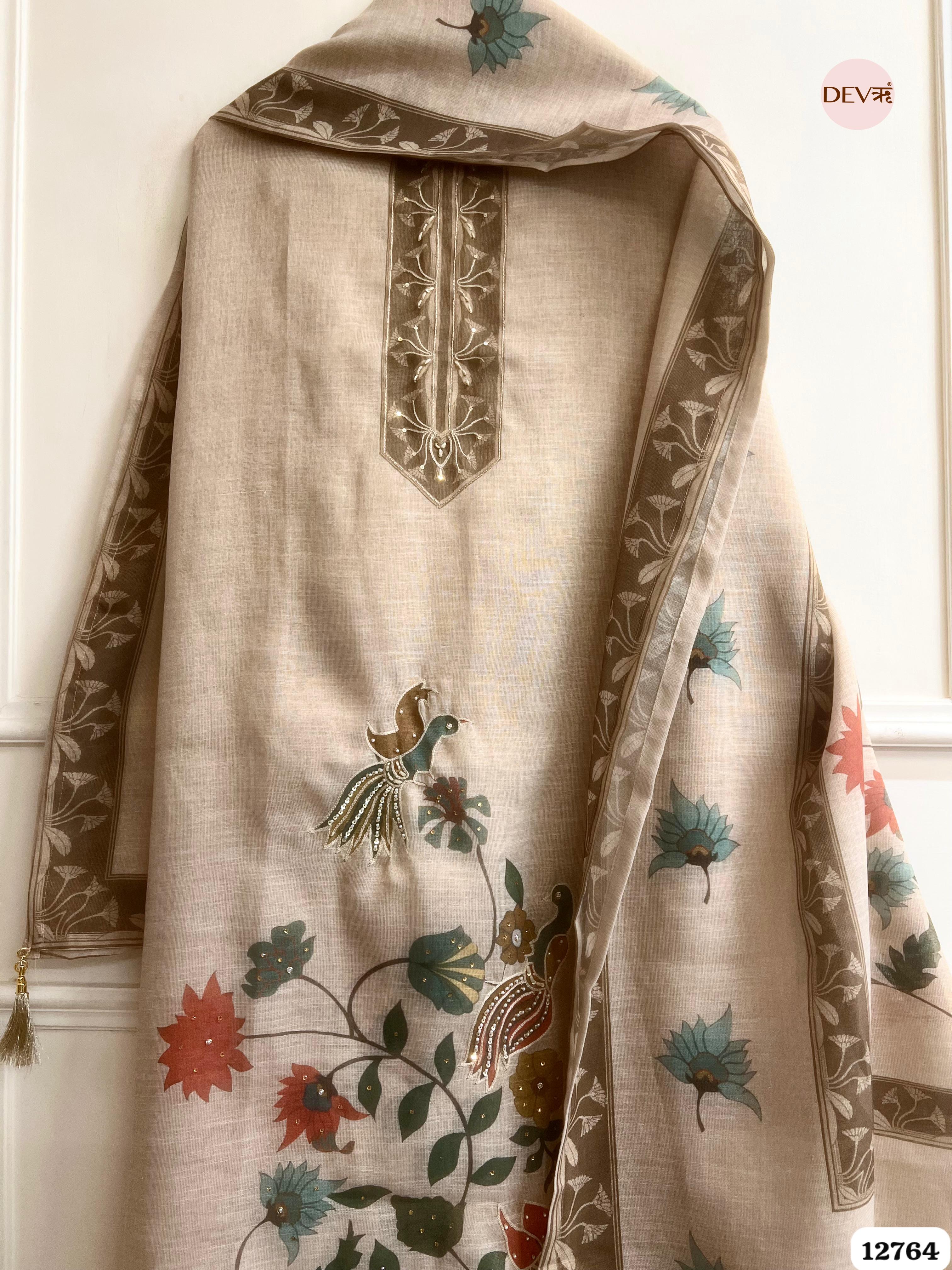 Beige Linen Cotton Embroidered Unstitched 3-Piece Suit (Devri – D.No 12764)