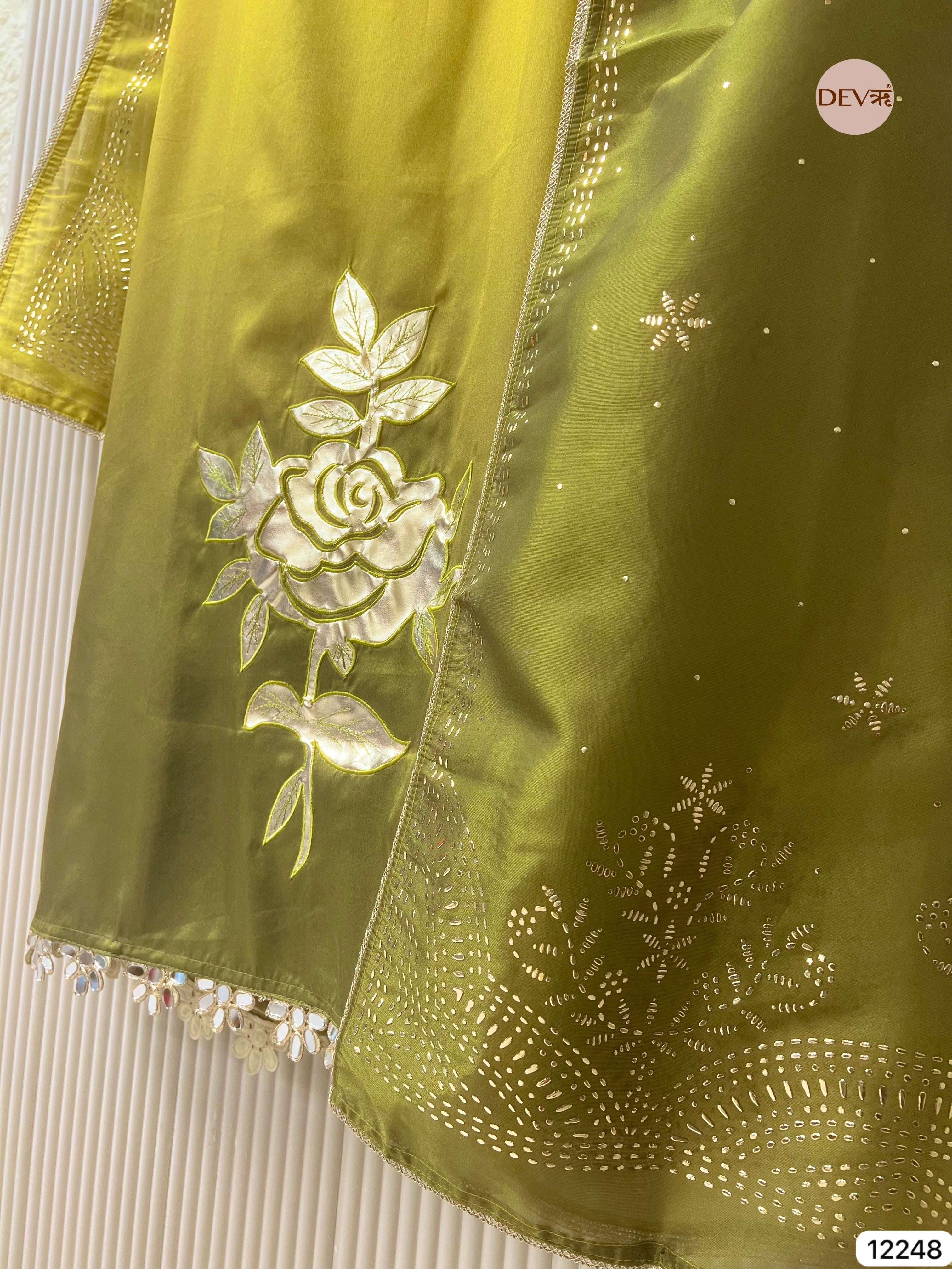Olive Soft Tissue Shimmer Silk Embroidered Unstitched 3-Piece Set (Devri – D.No 12248)