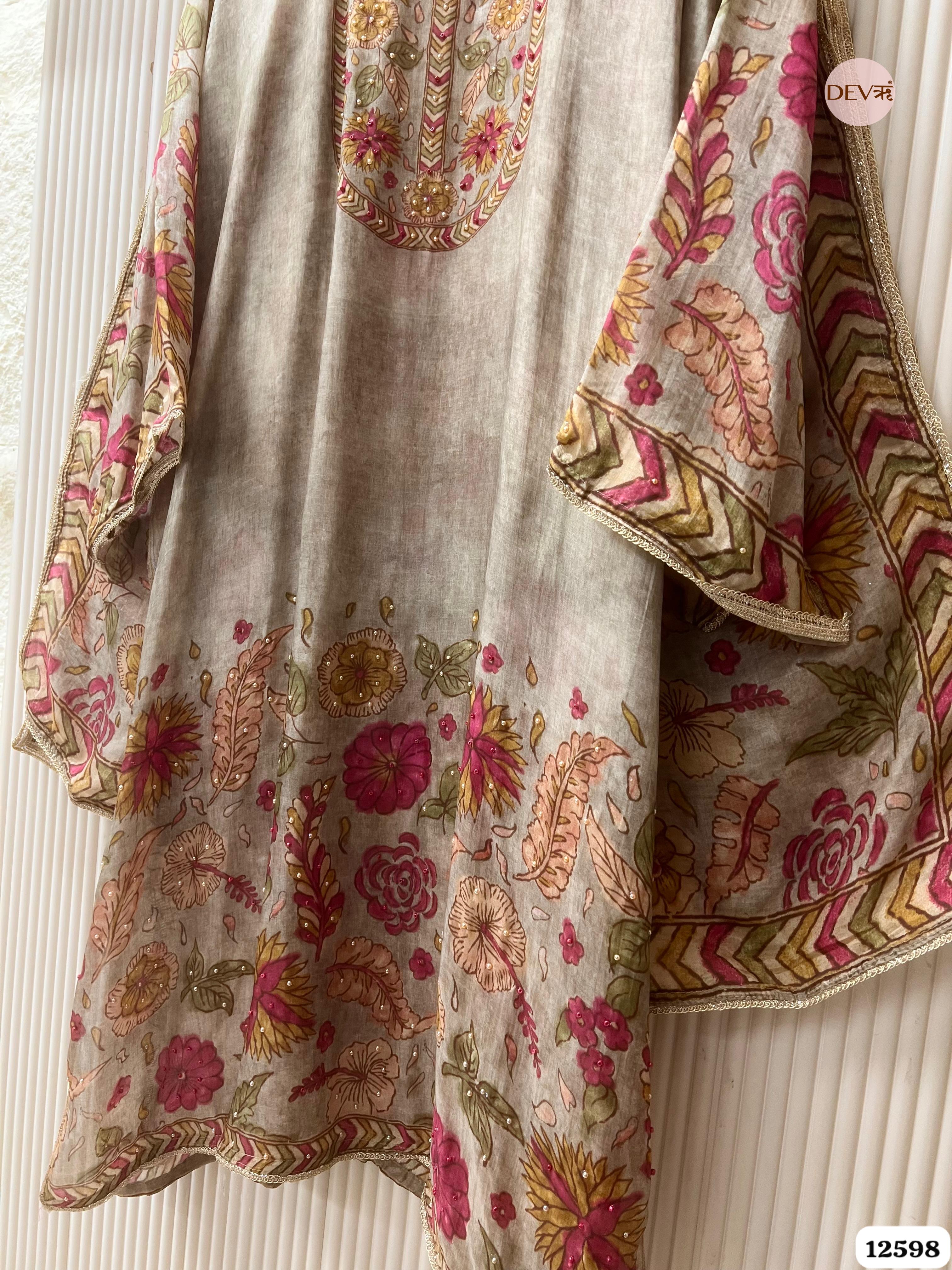 Beige Muslin Floral Printed Unstitched 3-Piece Suit (Devri – D.No 12598)