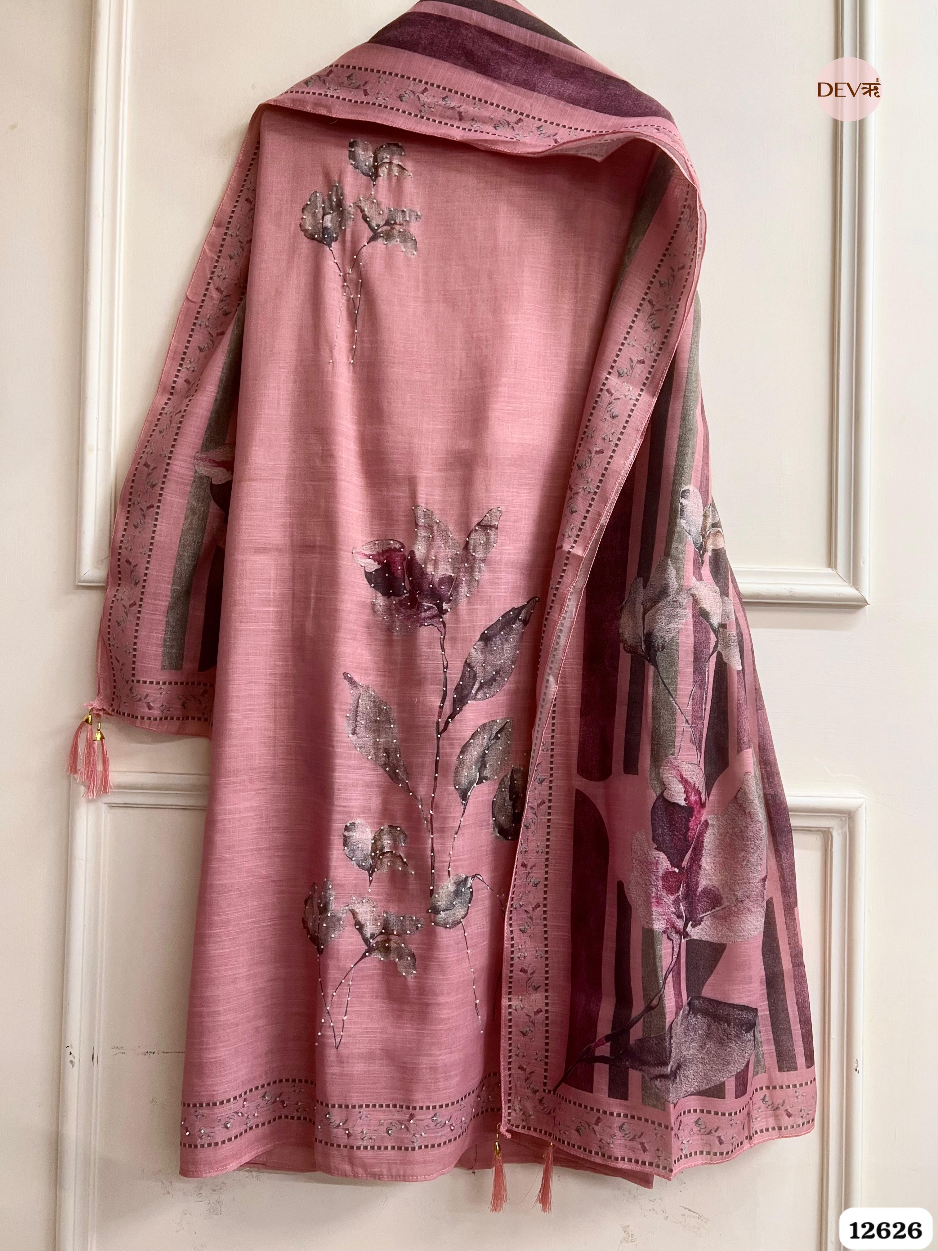 Pink Linen Printed Unstitched 3-Piece Suit (Devri – D.No 12626)