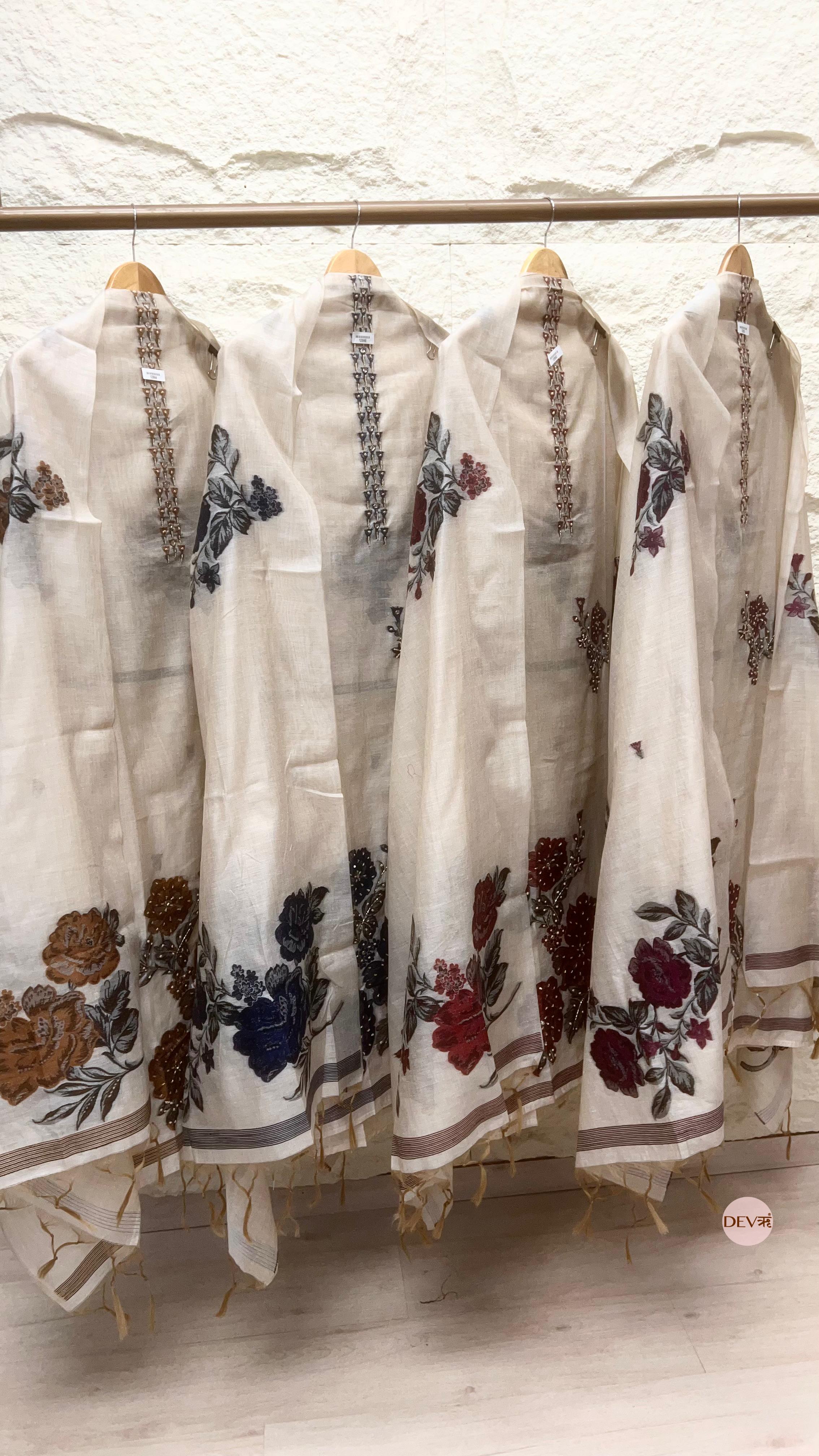 Ivory Mul Chanderi Embroidered Unstitched 3-Piece Suit (Devri – D.No 12864)