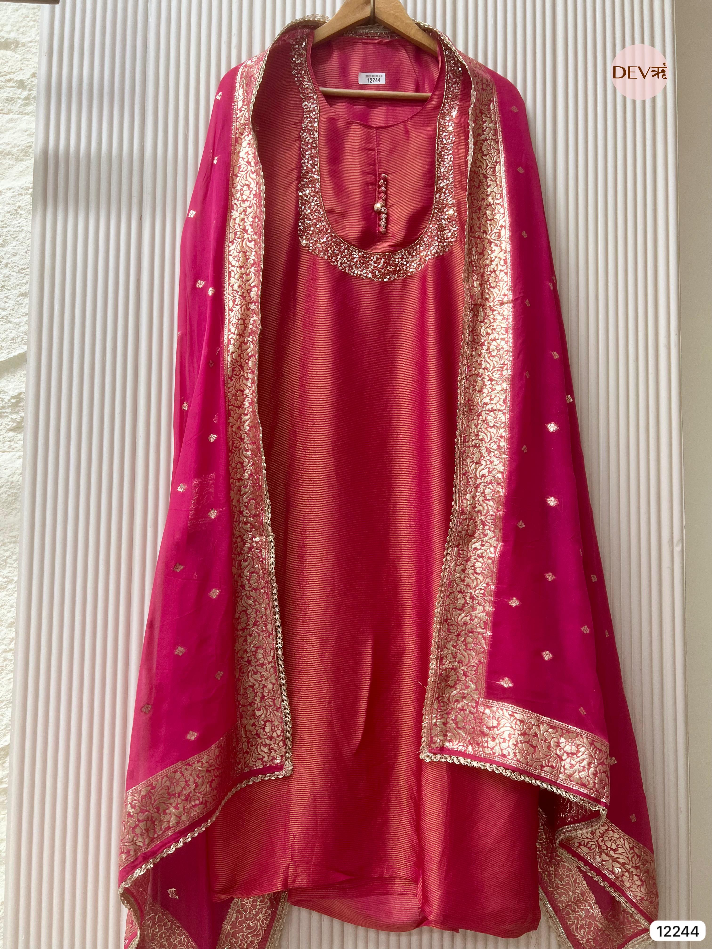 Rani Pink Tissue Shimmer Silk Embroidered Unstitched 3-Piece Suit (Devri – D.No 12244)