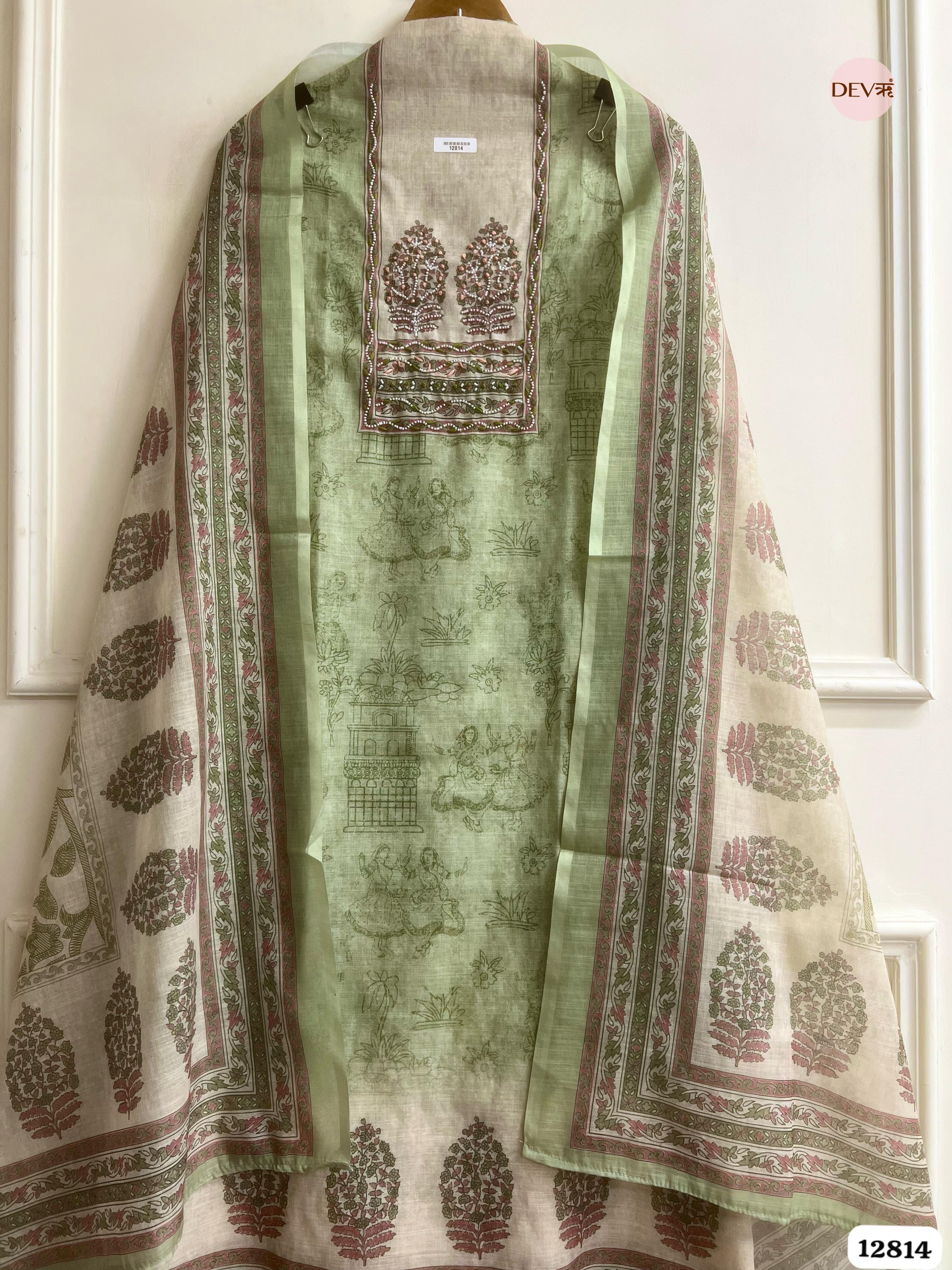 Sage Linen Cotton Printed Unstitched 3-Piece Suit (Devri – D.No 12814)