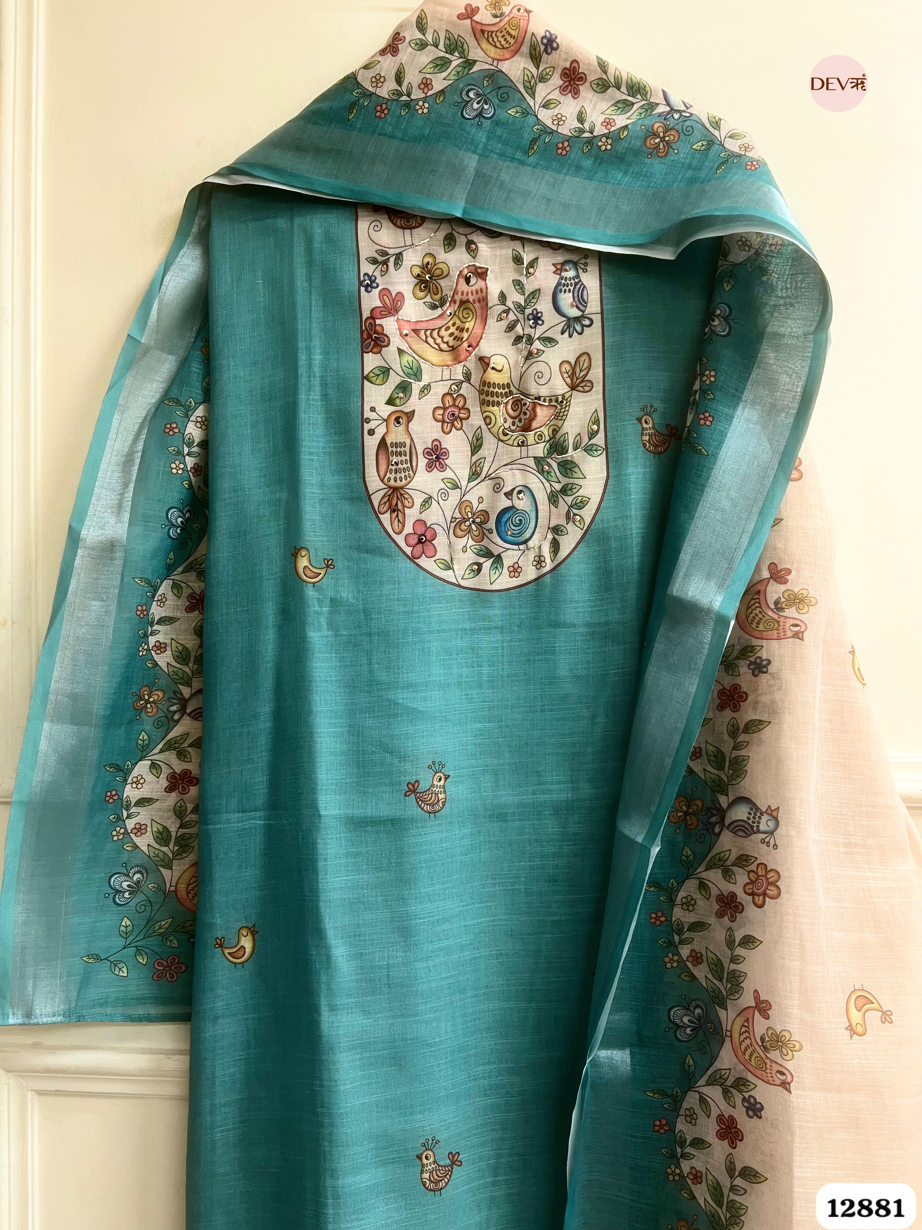 Teal Blue Linen Cotton Printed Unstitched 3-Piece Suit (Devri – D.No 12881)