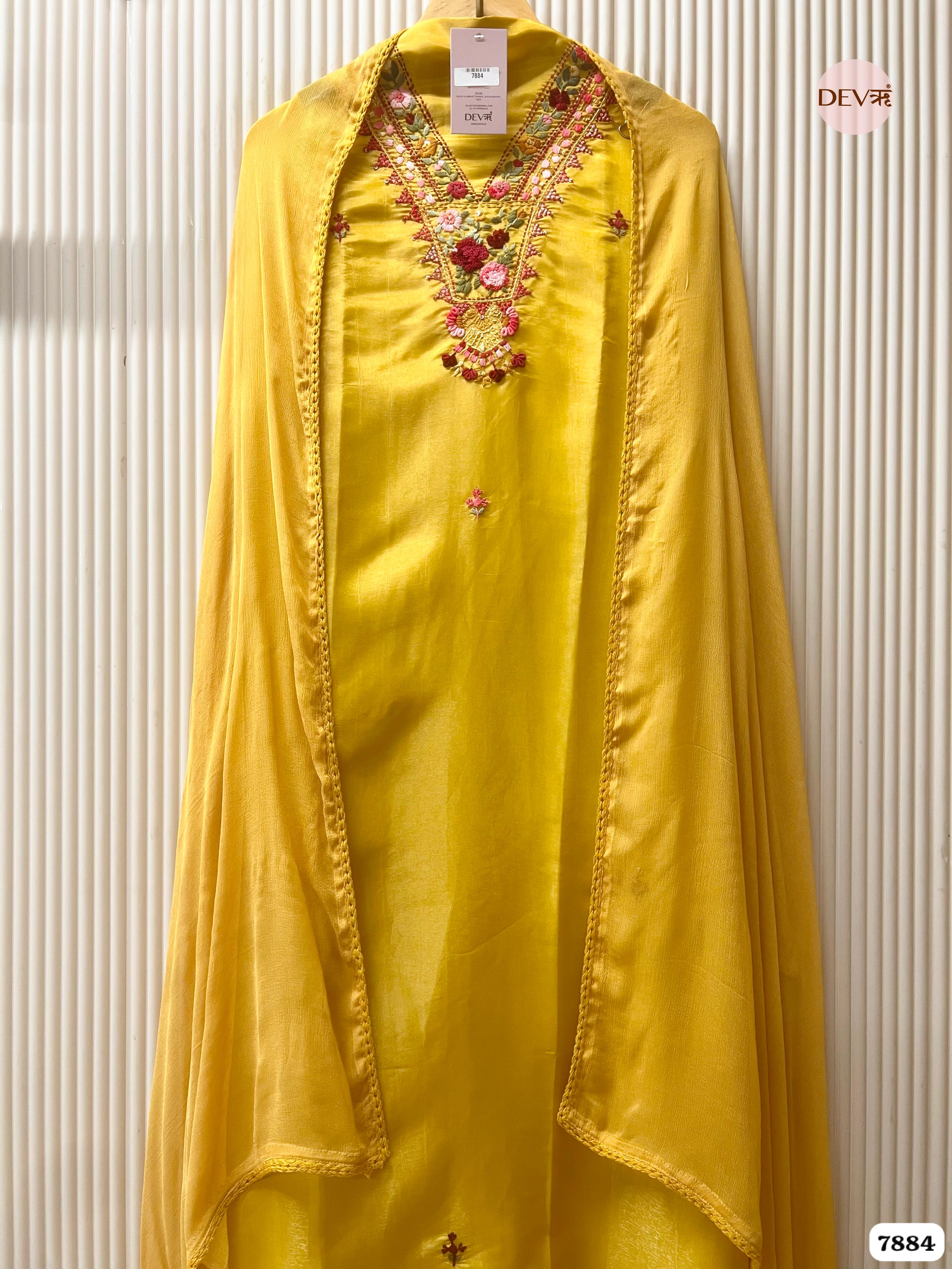 Mustard Tissue Silk Embroidered Unstitched 3-Piece Suit (Devri – D.No. 7884)